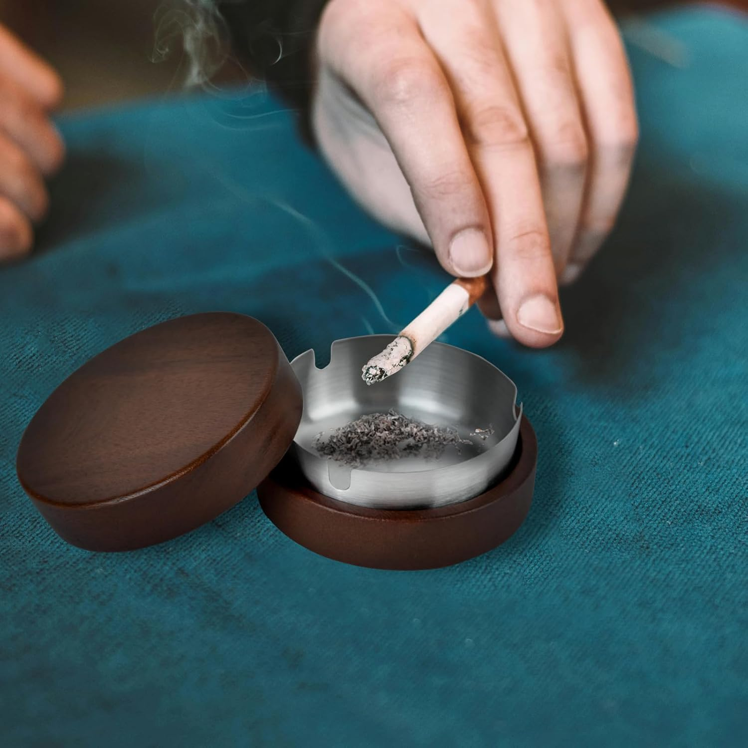 Zoyiancy 2Pcs Wooden Ashtray with Lid, Cute Windproof Ashtrays for Cigarette, Stainless Steel Liner Ash Tray for Man Indoor Outdoor Parties Balcony Office Home image number 3