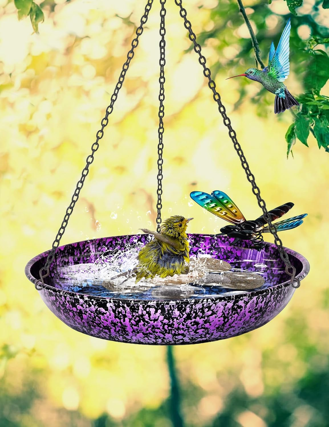 Hanging Bird Bath for Outdoor 11 Inch Colorful Purple&Blue Metal Bird Feeder Birdbath Bowl Mounted Rust-Proof Black Chain Metal Dragonfly Yard Art Garden Decor image number 1