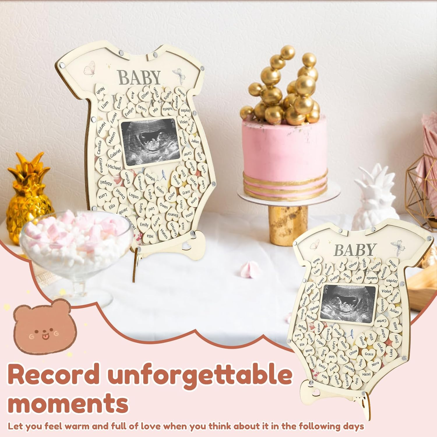 Wood Baby Shower Guest Book Record Growth Baby Shower Picture Frame with Stand and Pen Guest Book Alternative for Party image number 1