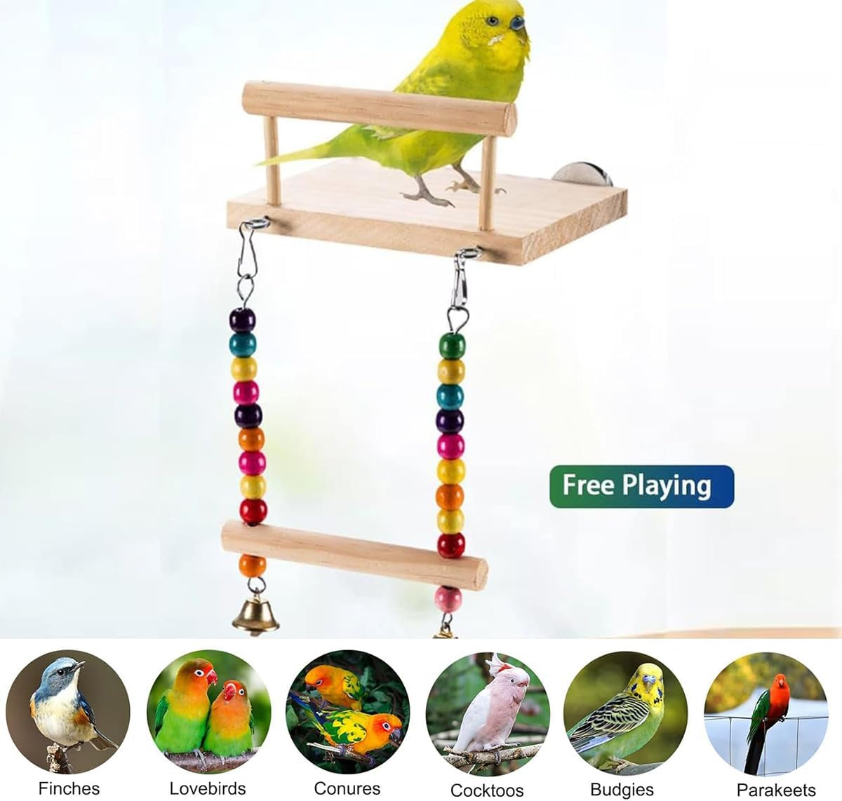 AIMALL Wooden Bird Swing with Platform for Small Parrots Cage Accessories Colourful Hanging Toy with Metal Hooks for Budgies Lovebirds Finches 5.5X4.7X6.7In - B image number 5