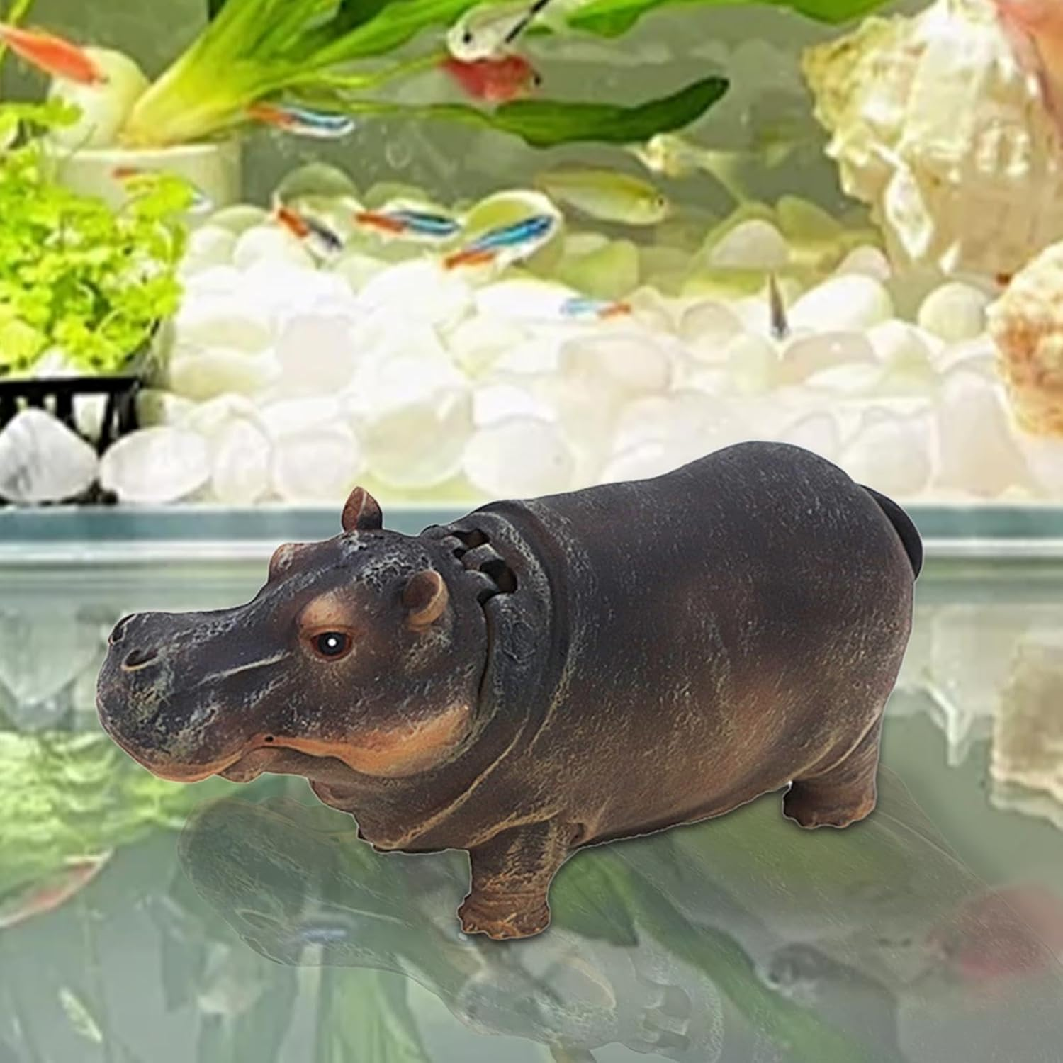 ＡＷＨＡＯ Fish Tank Bubbler Decoration, Air Bubbler, Hippo Sculpture, Resin Aquarium Ornament for Turtle Tank image number 4