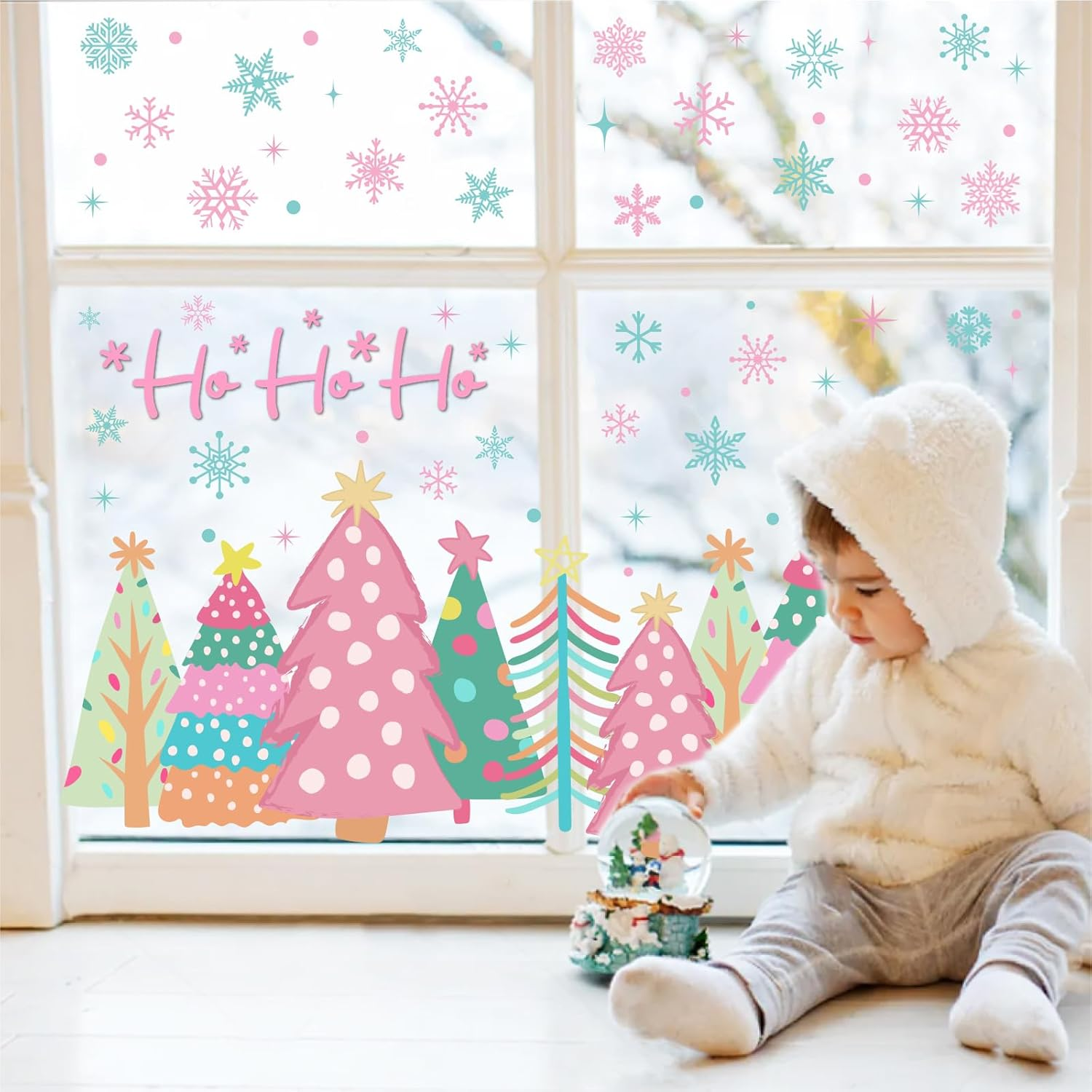 Whaline 6 Sheet Pink Christmas Window Clings Pink-Green Xmas Tree Snowflake Santa Reindeer Reusable Window Decals for Winter Holiday Home Glass Party Decor image number 6