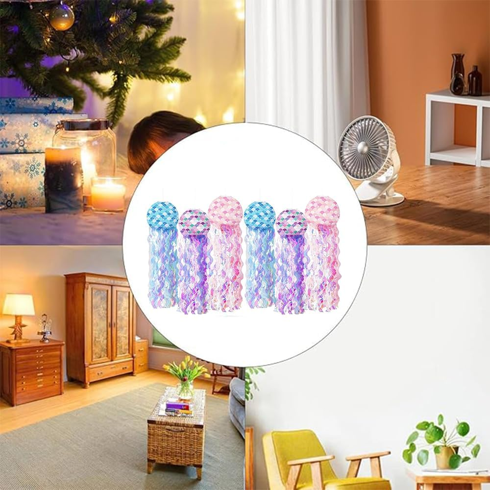 6 PCS Hanging Jelly Fish Paper Lanterns,Colorful Paper Lanterns,Under the Sea Mermaid Party Decorations,For Kids Birthday,For Ocean Party Decorations Jellyfish Decor,Baby Room image number 4