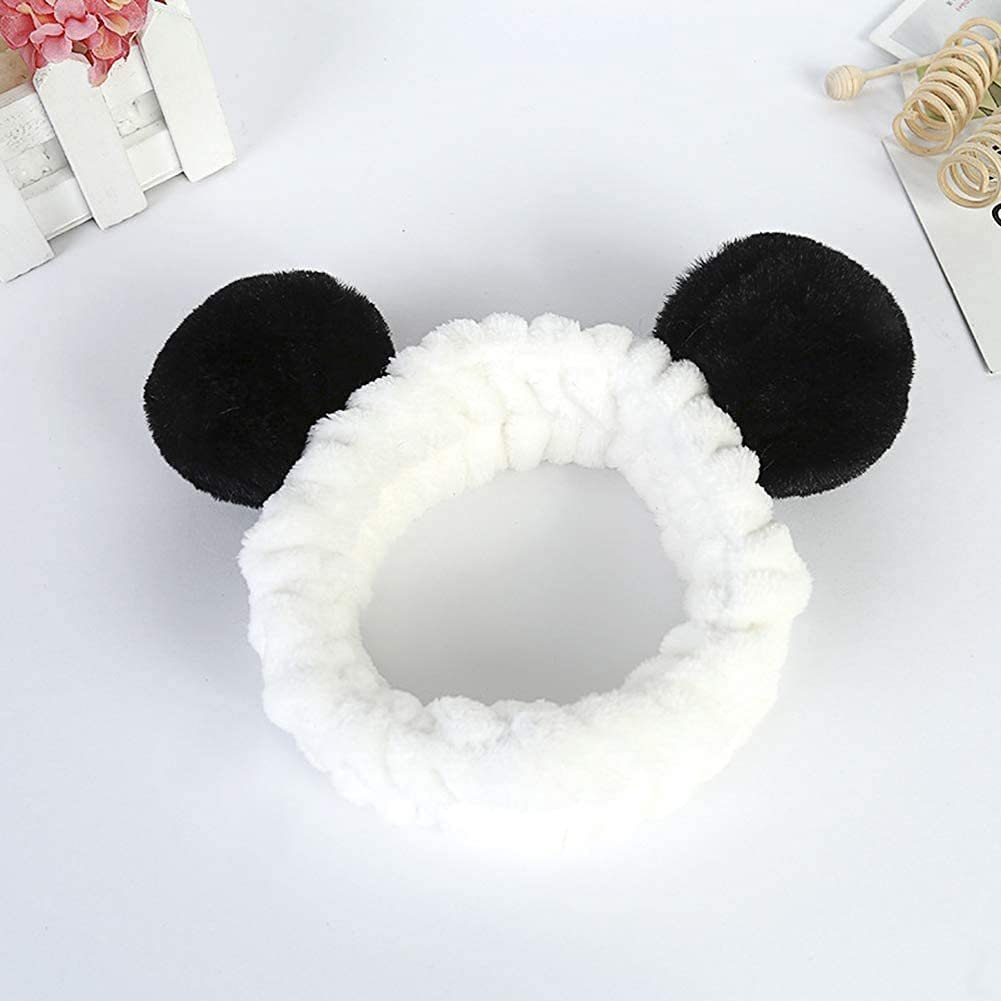 2Pcs Cute Panda Ear Headband Soft Elastic Coral Fleece Hair Band with Pompons for Ladies Fashion(Black Ear and Grey Ear) image number 5