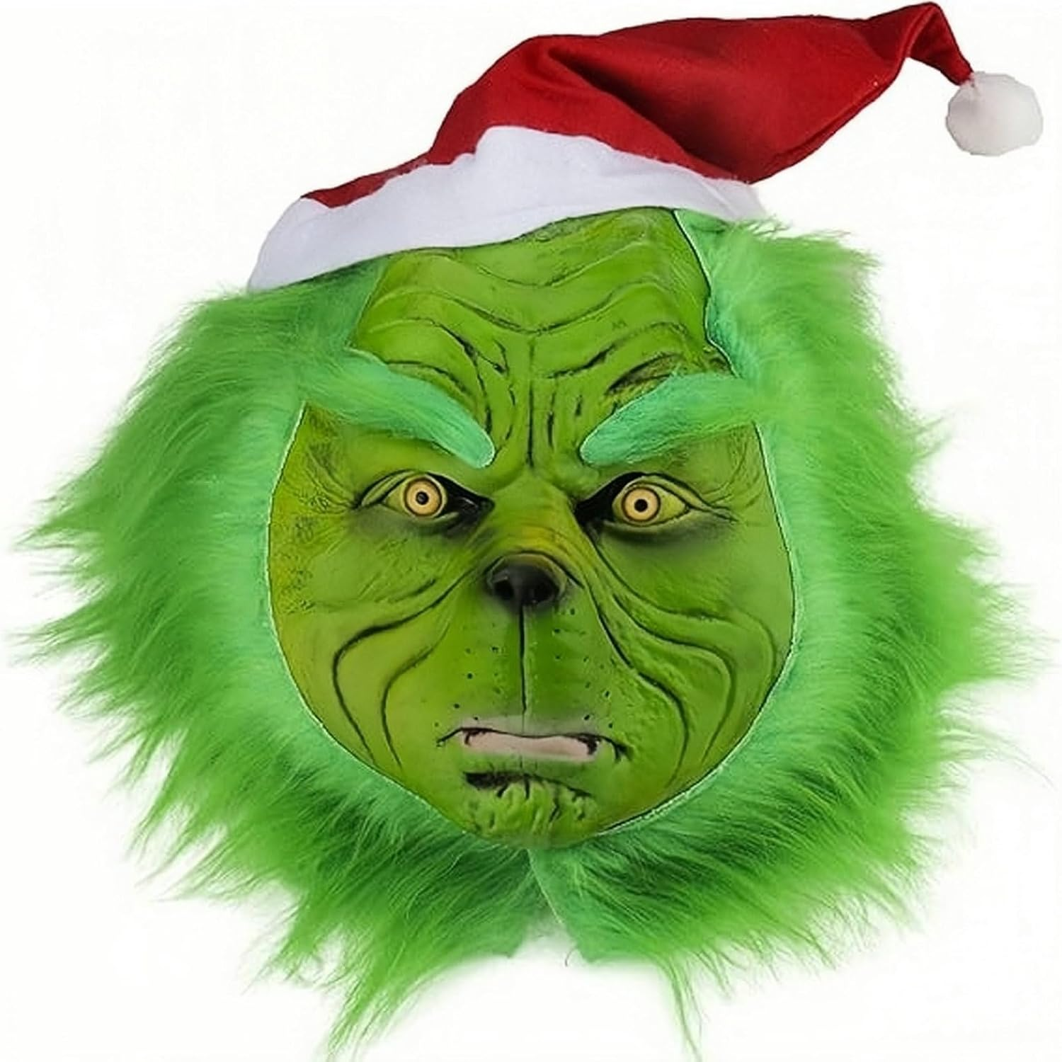 Christmas Grinch Mask, HFAN Grinch Decorations, Christmas Mask and Gloves with Red Hat Anime Cosplay, Grinch Costume for Halloween Xmas Funny Carnival Party Full Face Latex Helmet Costume Props image number 3