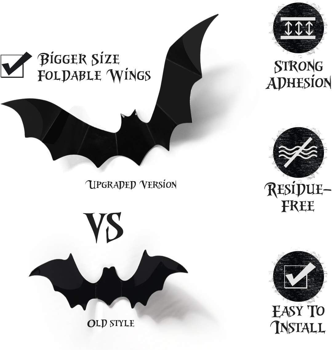 120 Pcs Bats Wall Decor Halloween Decorations, 3D Bat Stickers for Home Decor 4 Size Scary Black Spooky Bats Party Supplies image number 1