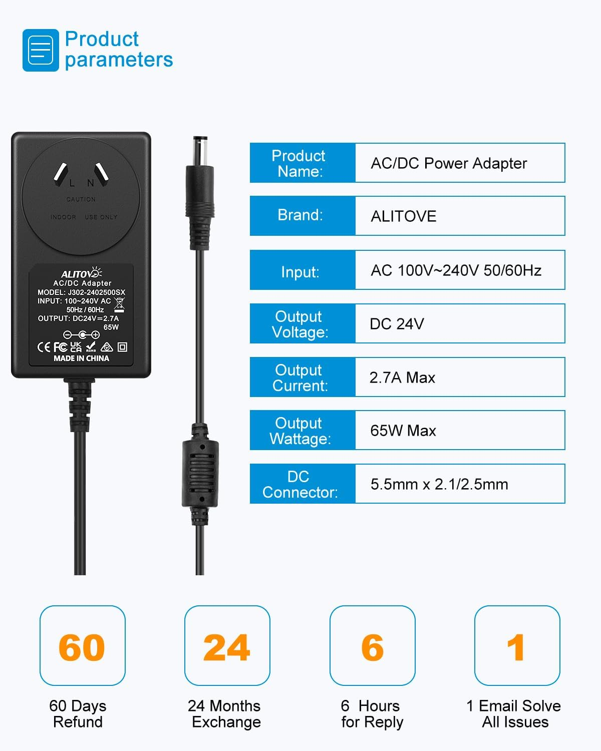 ALITOVE 24V Power Supply 24 Volt 2.7A 65W AC/DC Adaper 220-240V AC to DC Power Converter Cord with 5.5X 2.5Mm Tip for 24V 0~2700Ma Devices LED Strips Printer Soundbar Electronic LCD Monitor Pump image number 3