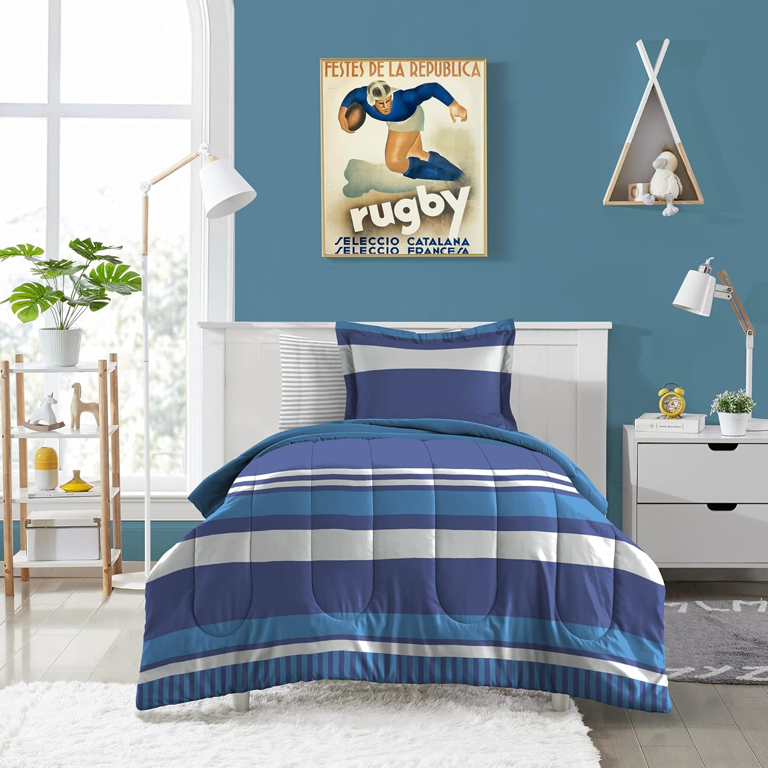 Dream FACTORY Kids 5-Piece Complete Bed Set Easy-Wash Super Soft Microfiber Comforter Bedding, Twin, Blue Rugby Stripe, (2D872701BL) image number 1