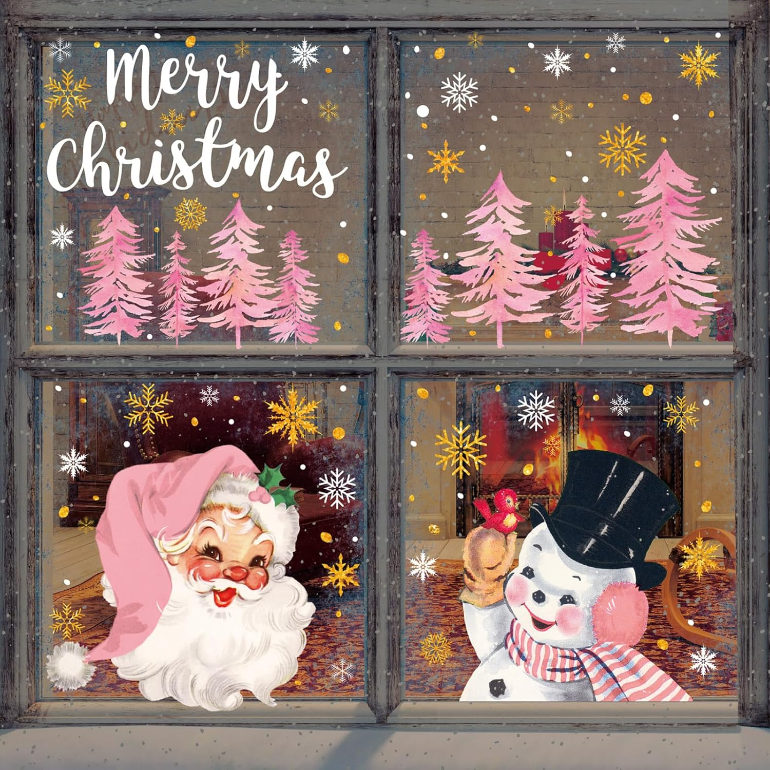 6 Sheets Christmas Window Clings Vintage Xmas Pink-Gold Santa Snowman Window Decals Double-Sided Winter Holiday Glass Decor image number 2