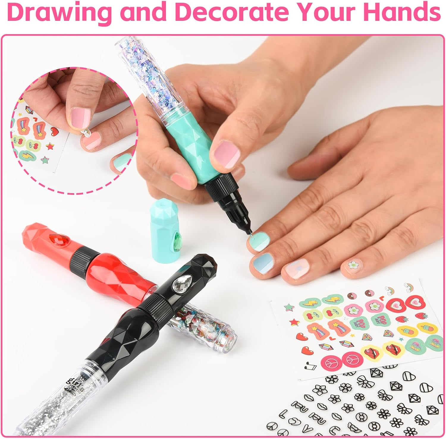 CYZAM Nail Art Studio for Girls, Nail Polish Kit for Kids Age 6-12, 3 in 1 Nail Polish Pen, Nail Dryer, Stickers, Glitter, Decoration Supplies, Non Toxic Nail Polish, Girls Stuff for Spa 6 7 8 9 10 12 Years image number 4