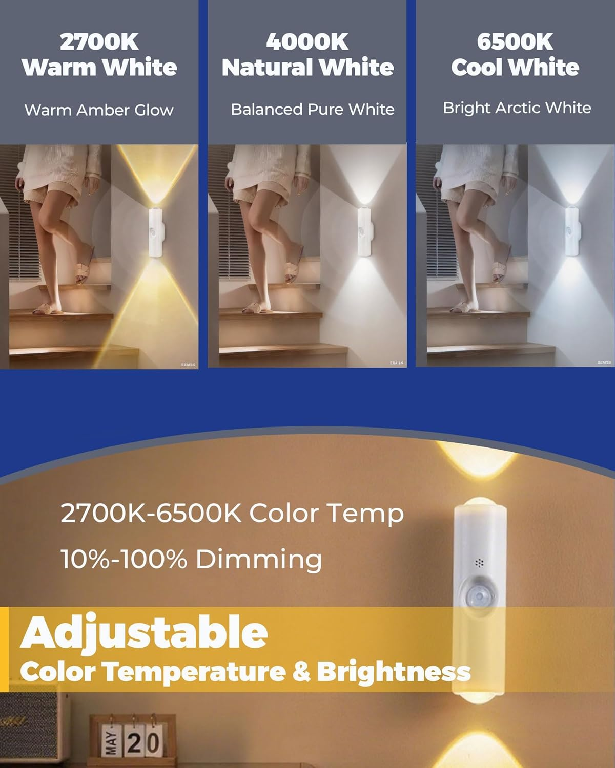 EKOWEE Motion Sensor Night Light, Portable Dimmable Nightlight, USB-C Rechargeable, 3 Color Changing, Magnetic Mount, 150&deg; Wide-Angle Detection, Ideal for Hallway Stairs Garage Closet Bathroom image number 3