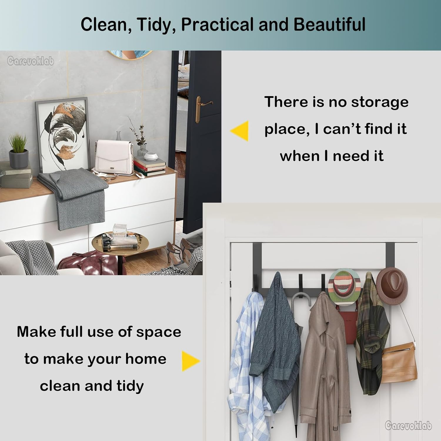 Careuoklab 2 Pack over the Door Hooks Hanger, Coat Rack for Hanging Clothes Hats Bags Towels Umbrellas Keys of Bedroom Bathroom Kitchen(Black 6 Hooks)