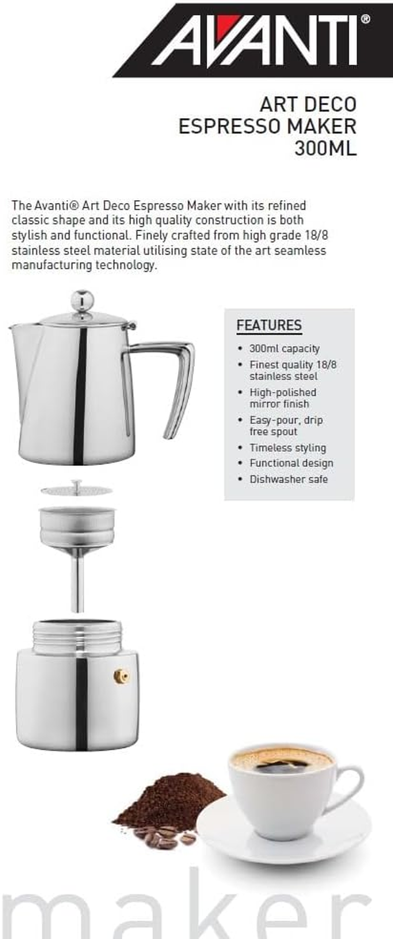 Avanti Art Deco Espresso Maker, 300 Ml / 6 Cup image number 1