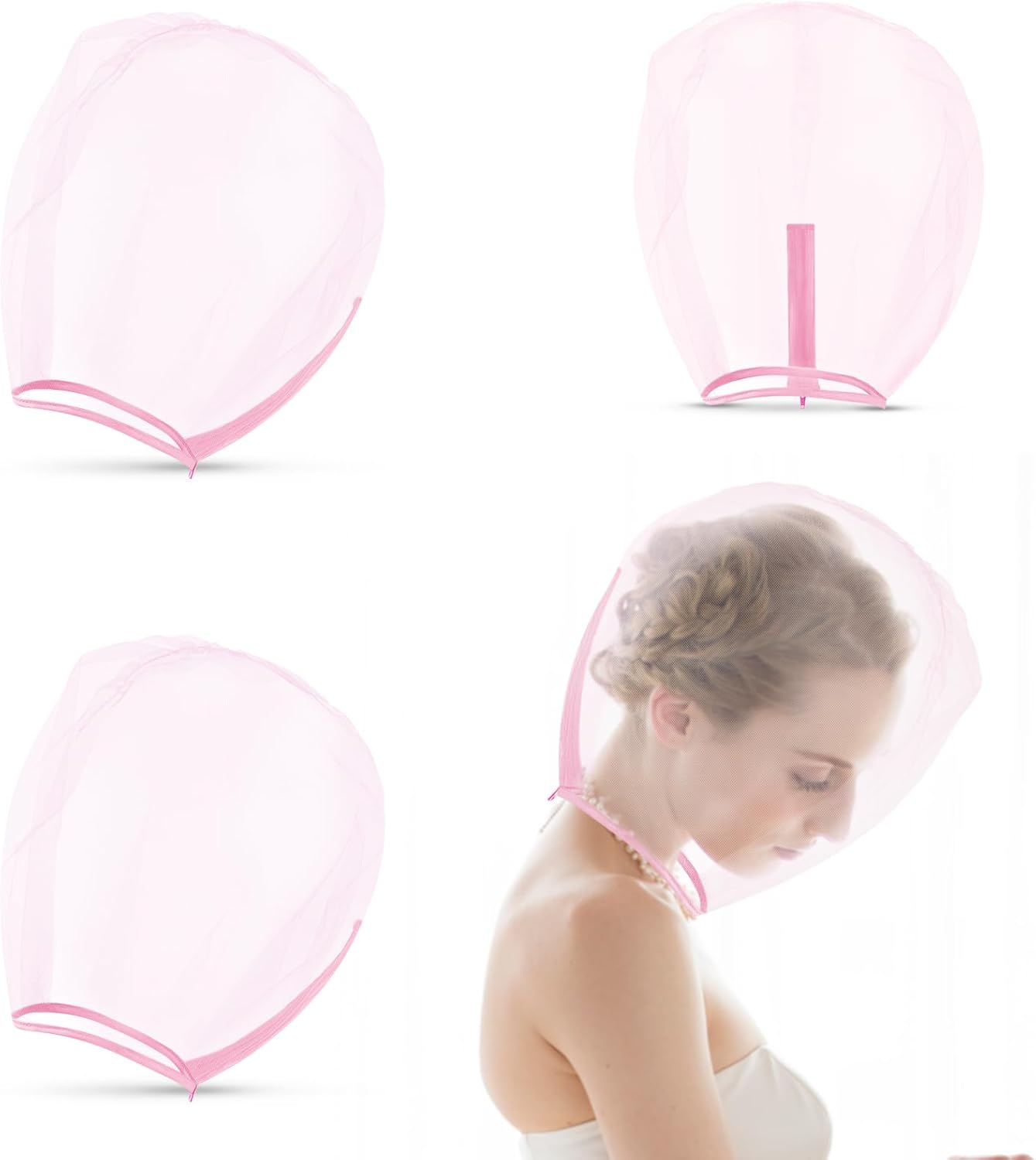 Flutesan 3 Pieces Makeup Protector Hood Protects Hair and Make up Nylon Chiffon Light Airy Makeup Hood Zipper Closure Face Cover Washable Hair Net Face Mask Cover for Women Beauty Weddings(Pink)