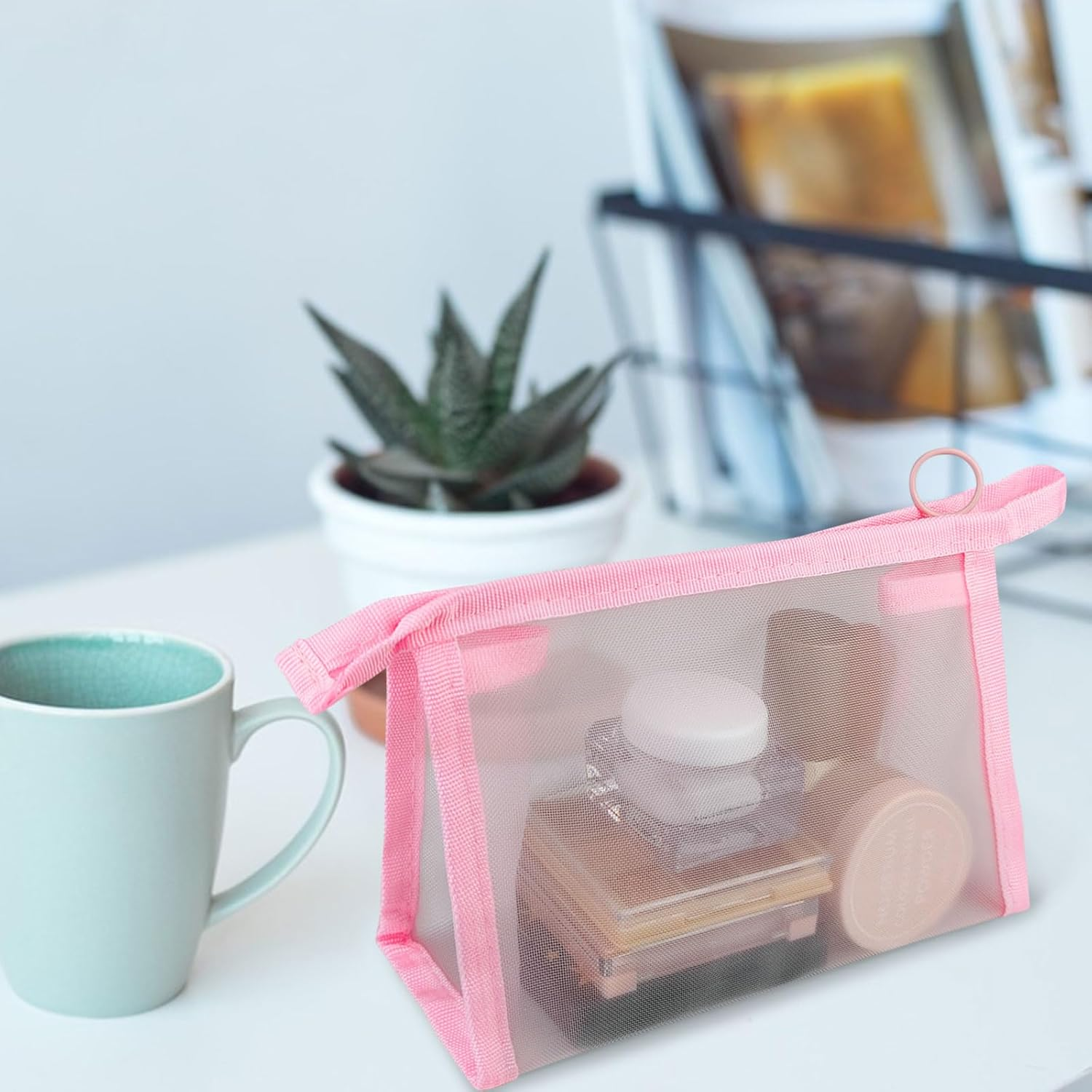 Funincrea Mesh Travel Cosmetic Bag Nylon Toiletry Bag Small with Zip Make up Organiser 19 X 13 Cm Triangle Makeup Bag Portable Cosmetic Bag for Cosmetics Toiletries, Pink, 19X13Cm, Modern image number 6