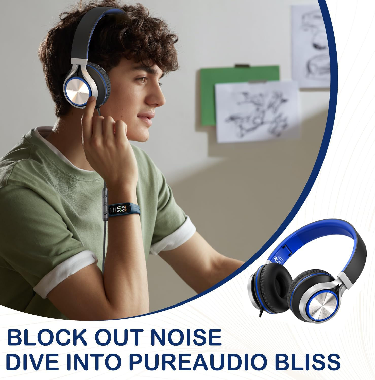 Upgraded USB Type C Wired Headphones, Foldable Over-Ear Headphones with Mic and Volume Control, Hi-Fi Stereosound for Adults/Teens/Toddlers/Tablets/Travel(Blue) - Red image number 6