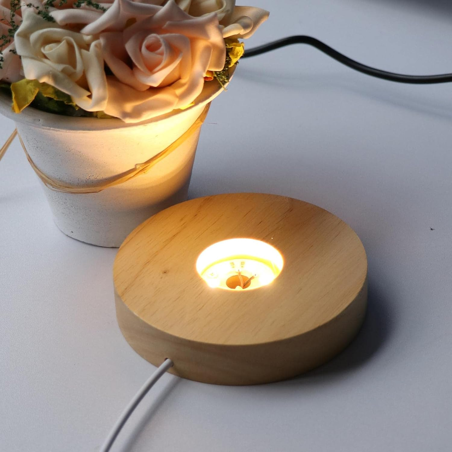 XIMING USB Wooden LED Light round Desktop Display Stand Ornament for Art Jewelry, Warm Light image number 4