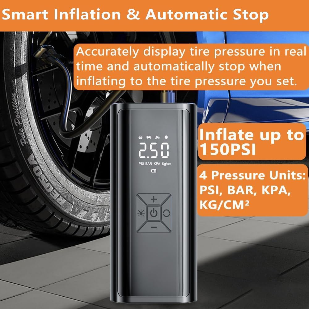 Tire Inflator Portable Air Compressor,150 PSI Fast Inflation,12V DC Portable Air Compressor,Tire Pump with LED Flashlight for Car Tire,Bike,Motorcycles and Balls Tyre Inflator. image number 3