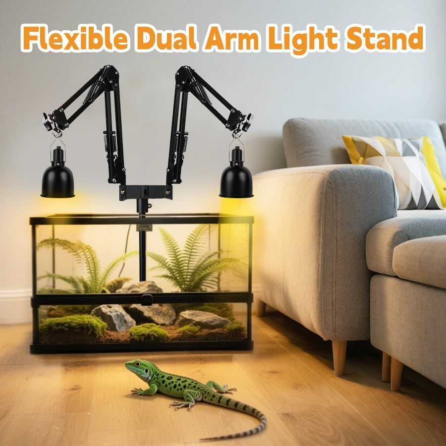 Dual Reptile Lamp Stand, Grow Light Stand with Two Flexible Brackets, Heat Lamp Metal Bracket Floor Light Holder and Light Fixture for Reptile Terrarium image number 2