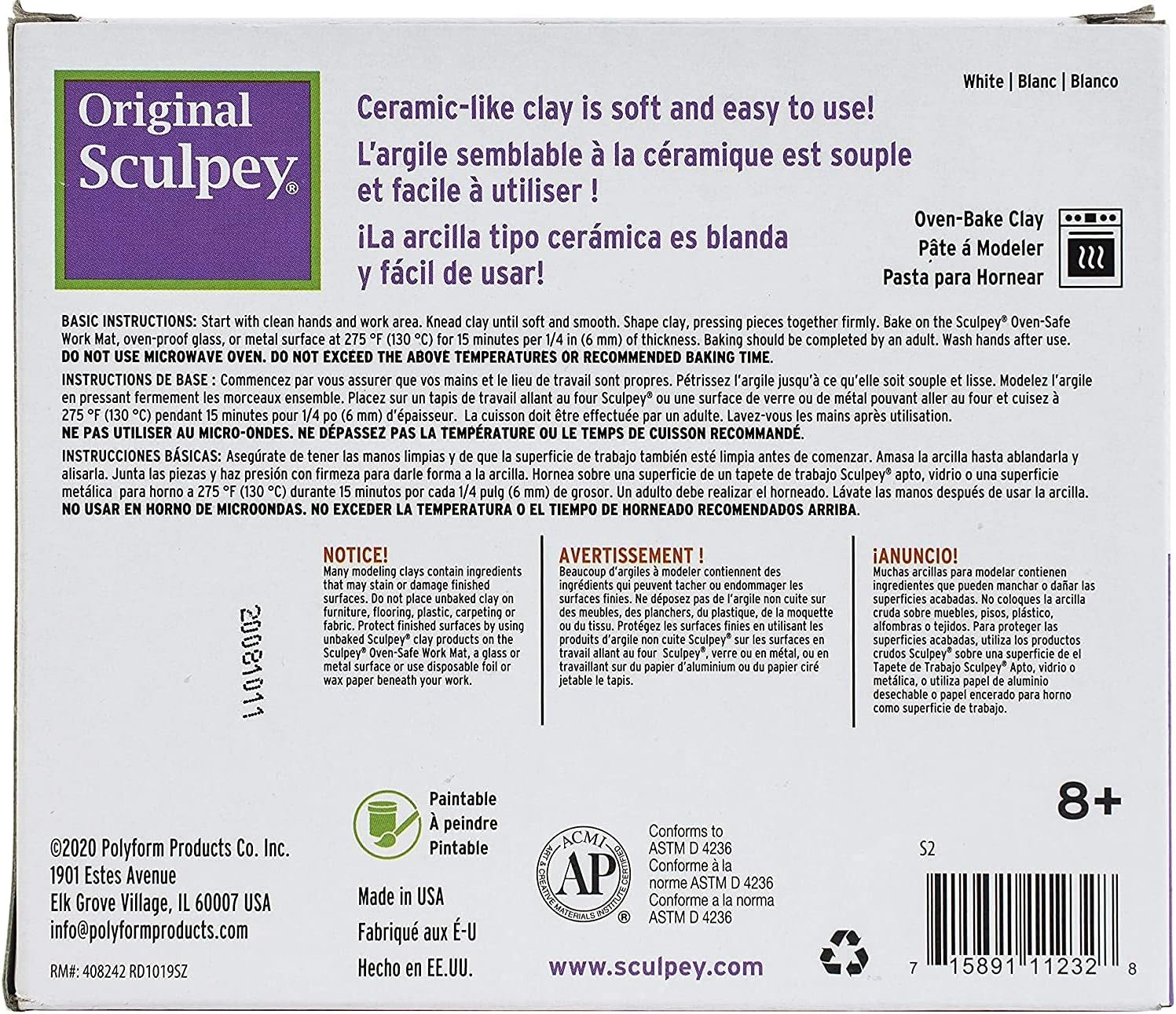 Polyform Original SCULPEY - 1.75Lb - Block White Polymer Clay Accessory