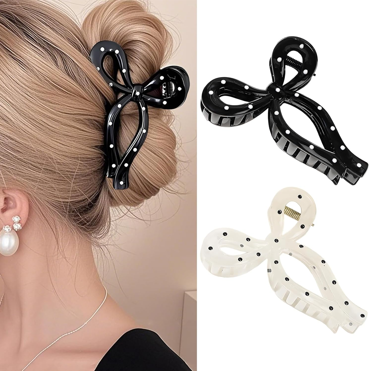 PUSCOBSY Hair Clips for Women Hair Clip Large for Thick Hair 11 Cm Hair Bow Hair Clips Non-Slip Strong Hold Hair Clip Wave Dot Black Beige image number 2