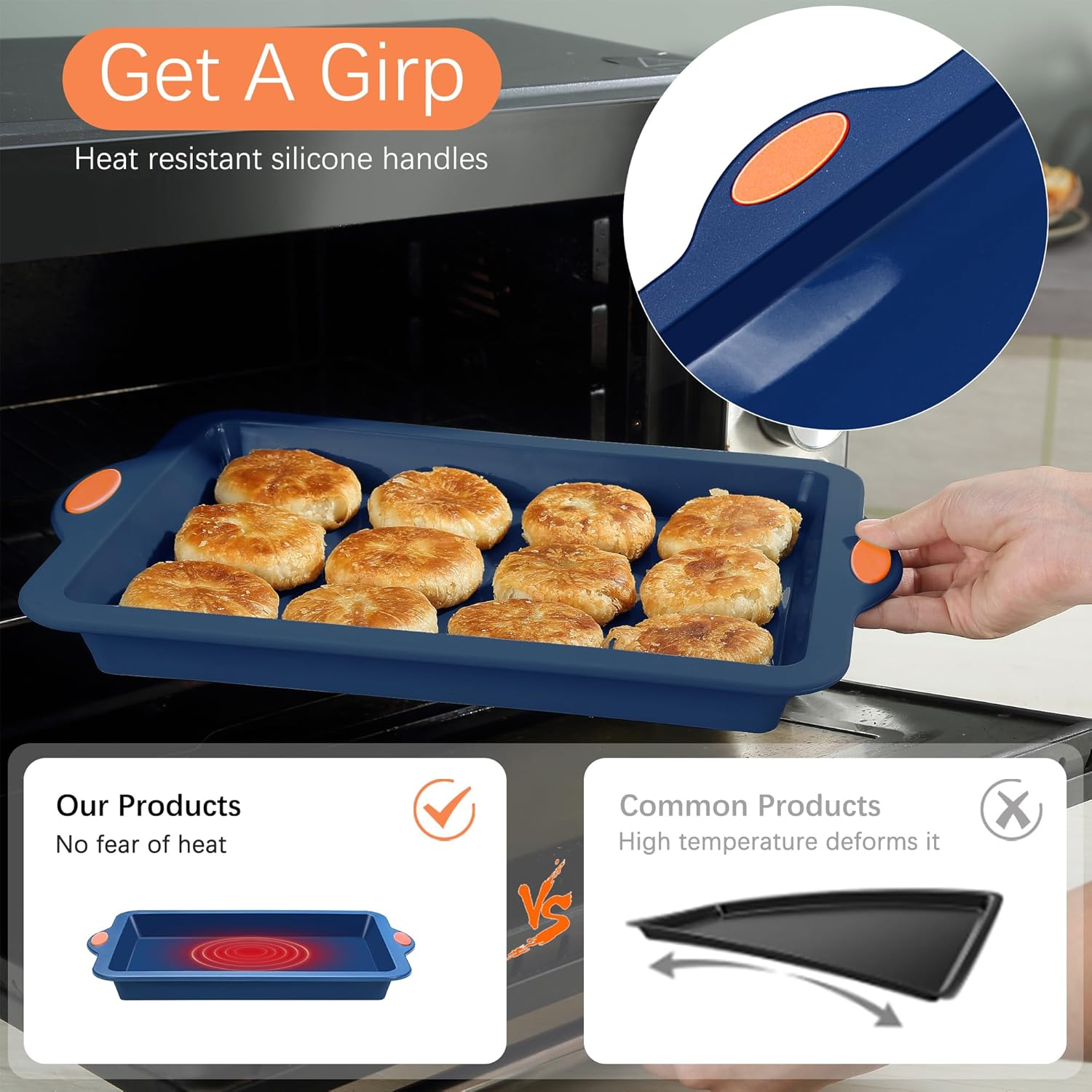 To Encounter Silicone Baking Pans Set, 4 Pieces Nonstick Bakeware Set with Baking Pans, Baking Sheets, Cookie Sheets, Cake Pan with Metal Reinforced Frame More Strength, Navy Blue image number 4
