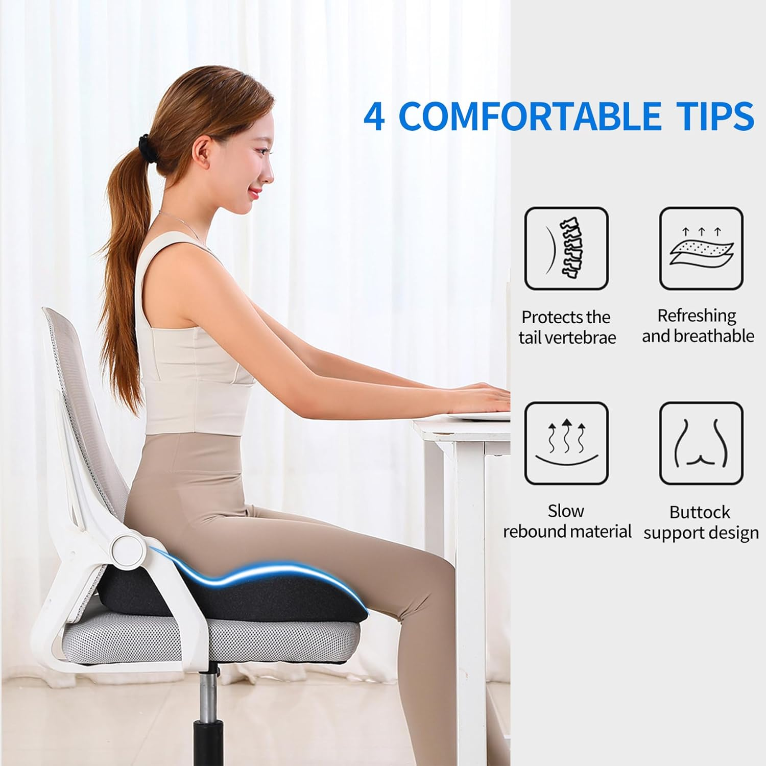 Memory Seat Cushion for Office Chair Pressure Relief Sciatica & Tailbone Pain Relief Memory Foam Firm Coccyx Pad for Long Sitting, for Office Chair, Car Seat，Washable Cover (Black Mesh) - Black image number 7