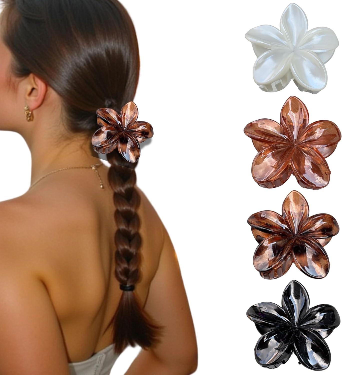 Luvearo 4Pc Nonslip Matte Flower Hair Clips for Women Thick/Thin Hair Accessories for Women Neutral Flower Cute Claw Clips Variety Pack Plumeria Hair Clip