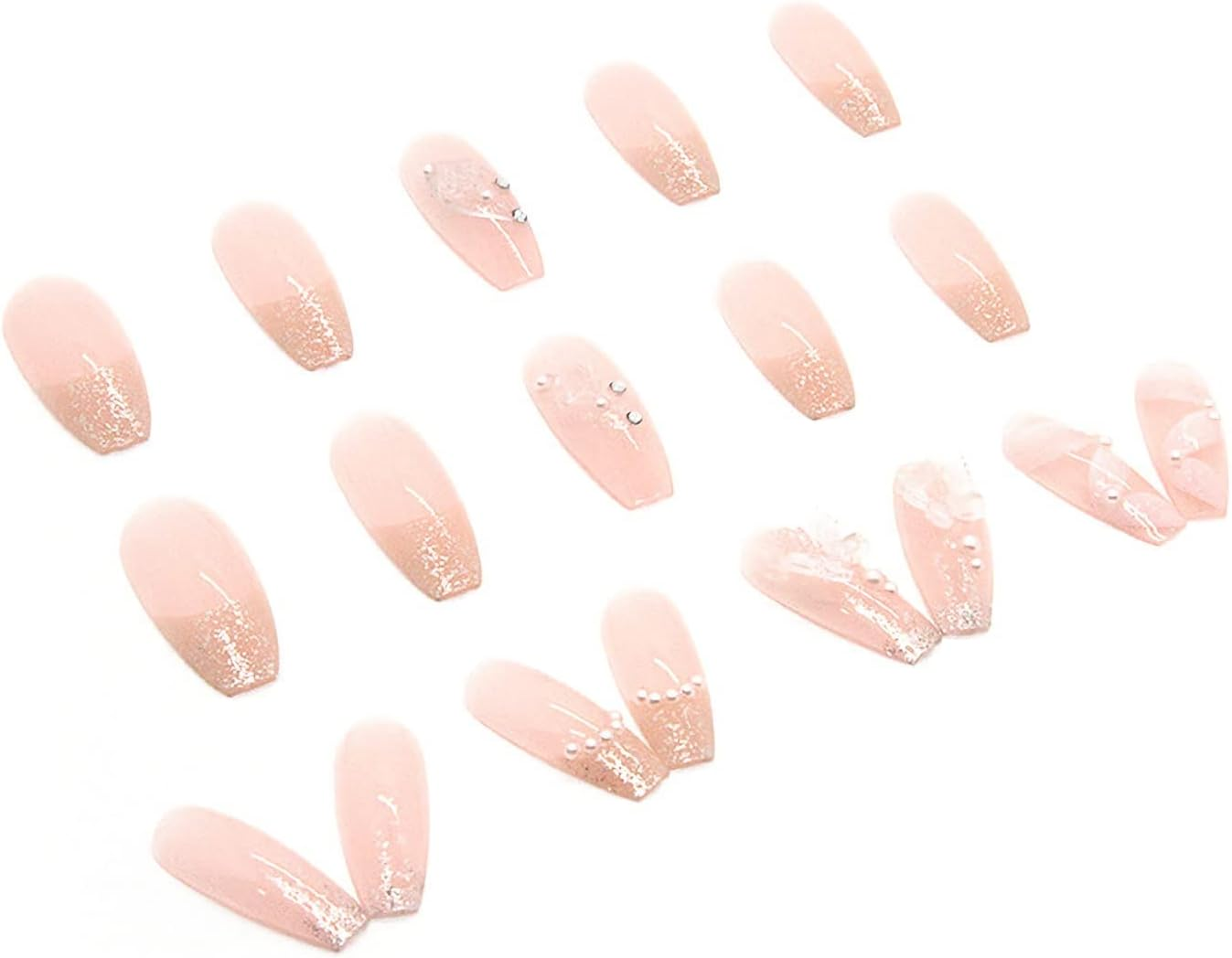 Long Press on Nails Glitter Acrylic Nails with Butterfly Design Coffin Fake Nails Nude Nails image number 6