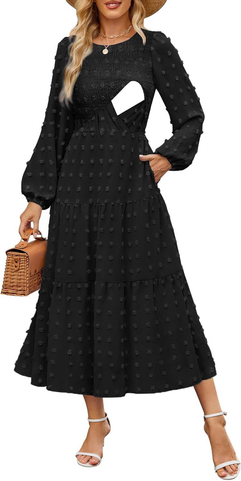 Women'S Nursing Dresses Fall Boho Floral Maxi Dress Breastfeeding Long Sleeve Crewneck Wedding Guest with Pockets