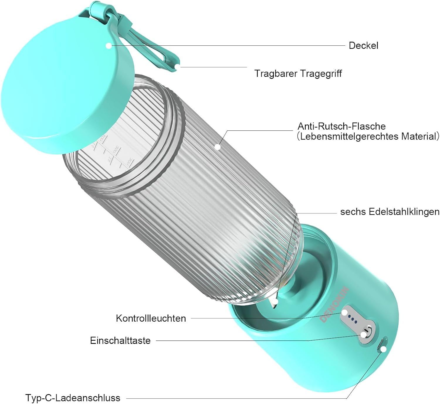 DENOKIN Portable Mixer/Blender/Smoothie Maker, 450 Ml Cup, Wireless & USB-C Rechargeable Mini Stand Mixer