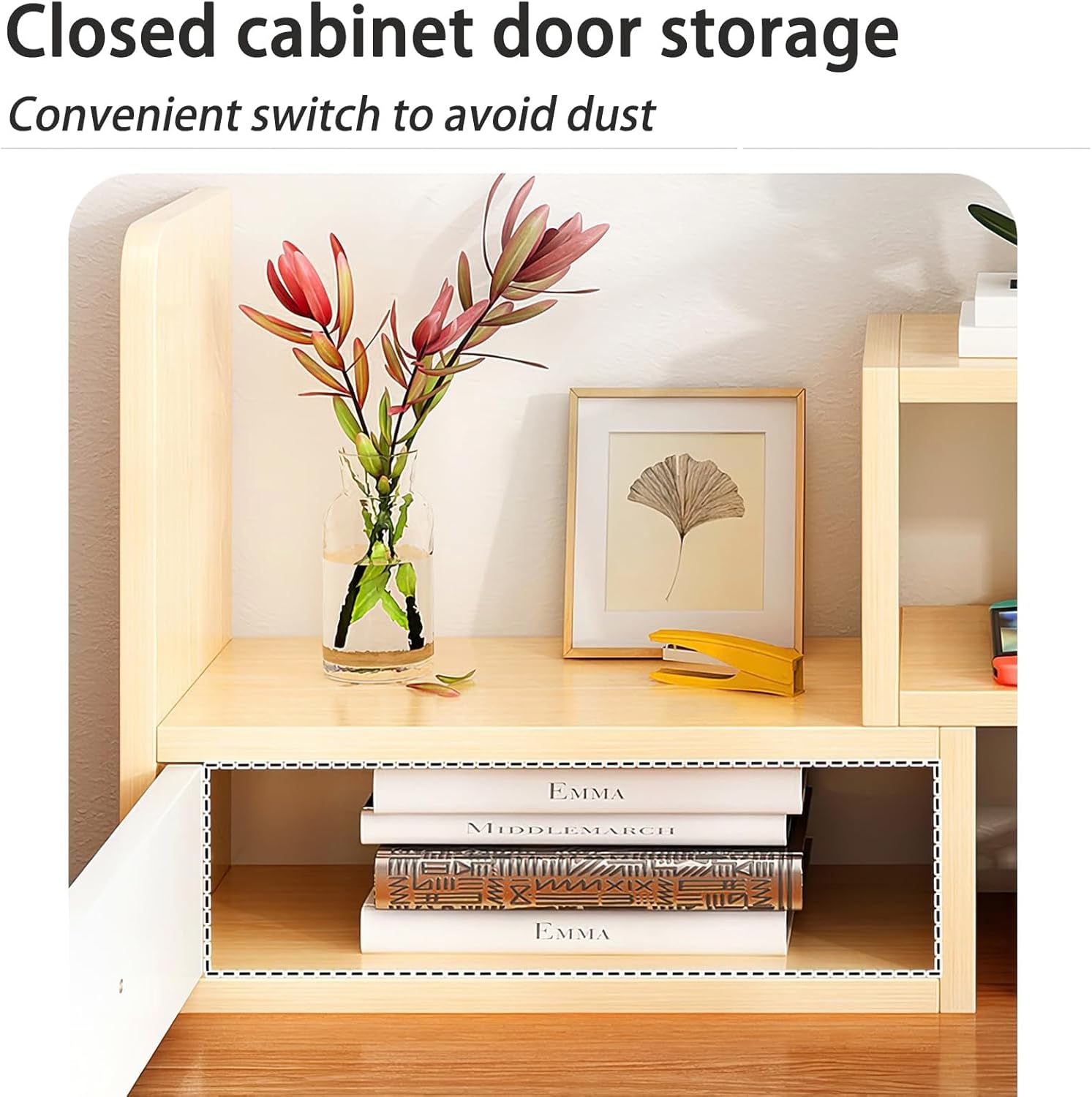 Joiena Desktop Bookshelf Desk Storage Organizer Adjustable Wood Bookcase Desktop Display Shelf Stand Rack with Cabinet Office Supplies (Wood) image number 2