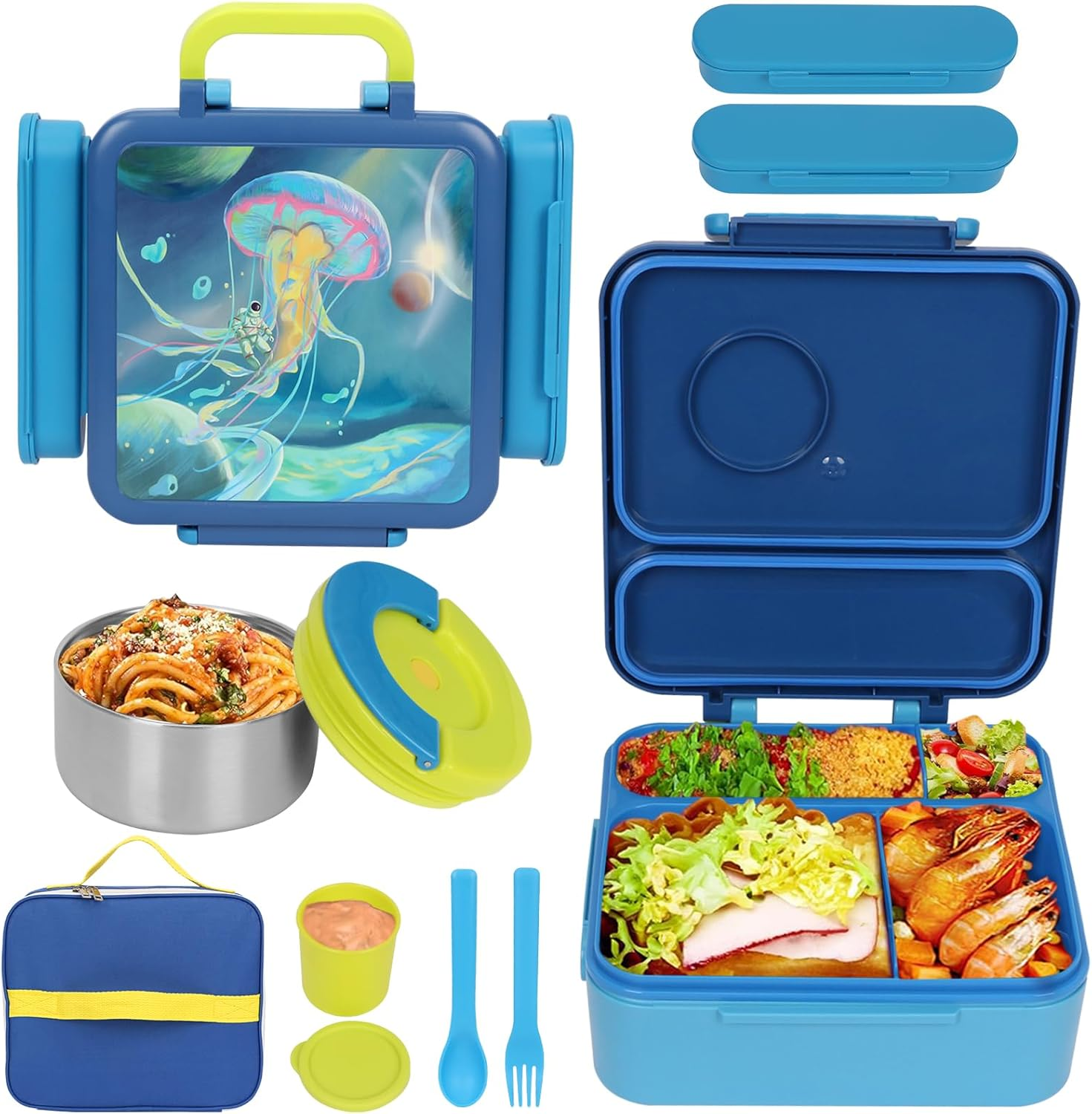 Bento Box for Kids & Adults, Insulated Leak-Proof Lunch Box with Insulated Food Jar for Hot Food, 4-Compartments Lunch Container with Cutlery and Snack Box for School Outdoors Office (Blue) image number 4