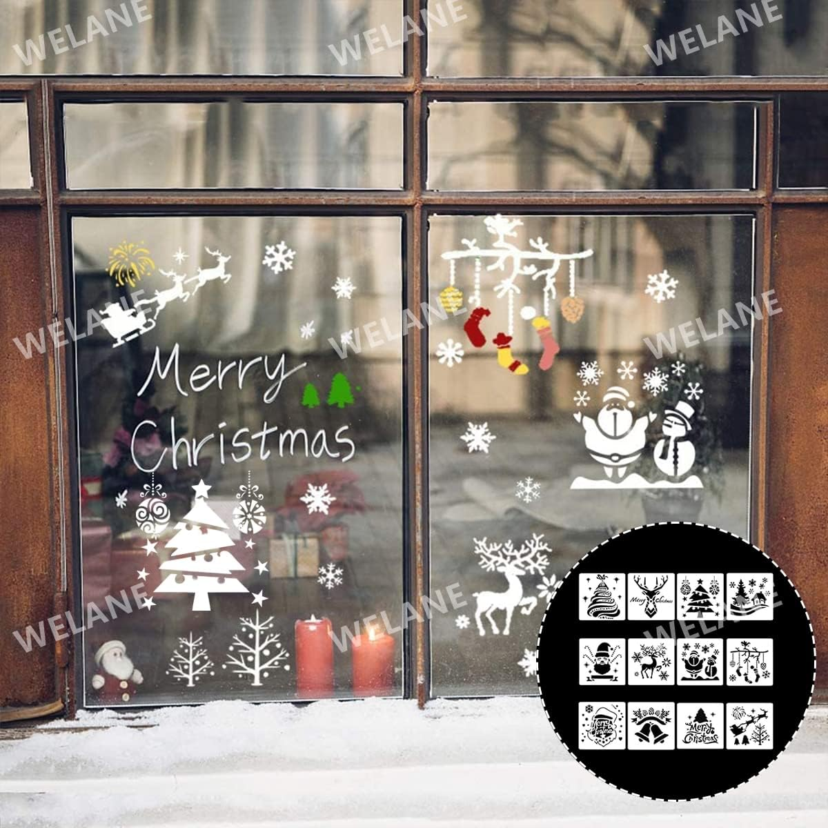 WELANE Christmas Stencils, 12 PCS Plastic Reusable Snowflakes Santa Claus Bells Merry Christmas Painting Stencils for Crafts, Cookie, Paint Decorating (13Cm/5In) image number 1
