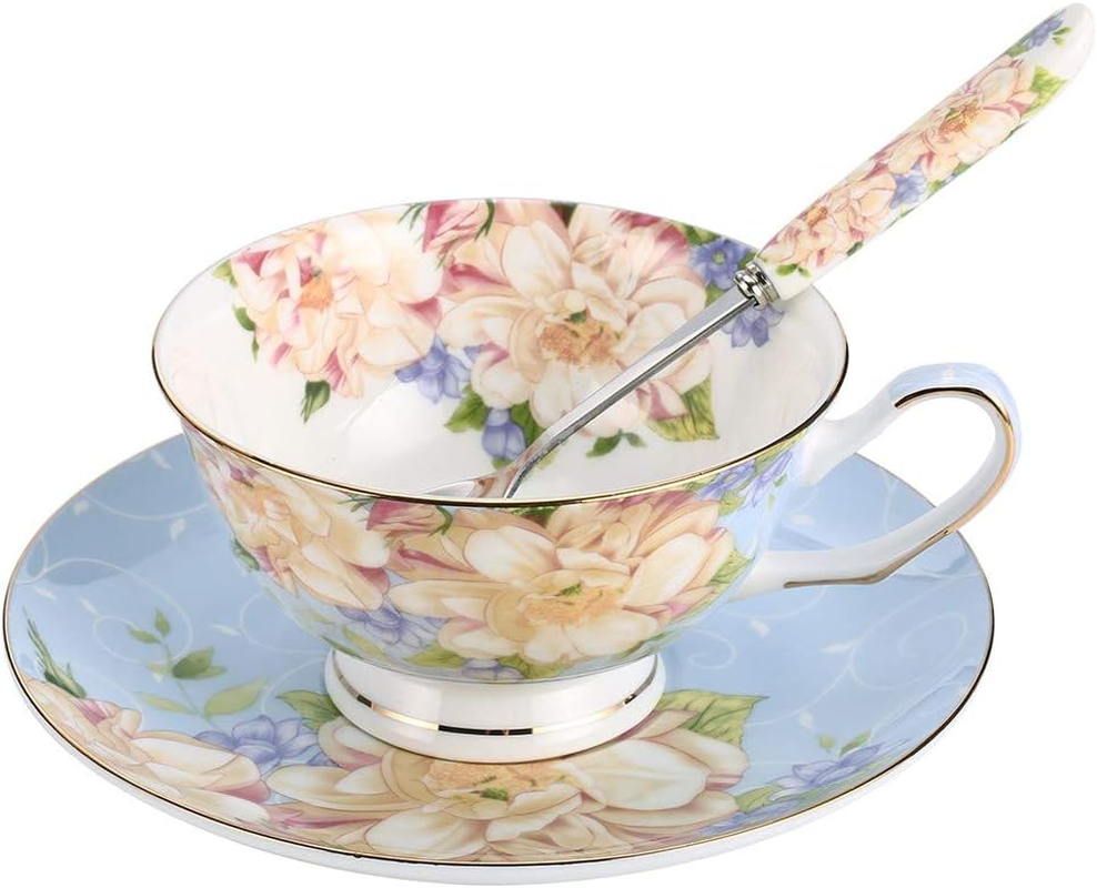 Jinglory Tea Cups,Floral Tea Cups and Saucers Set with Spoon,Bone China Tea Set,Coffee Cups,Tea Sets for Adults/Women/Men/Friends Tableware 10.5X5.8 Pink