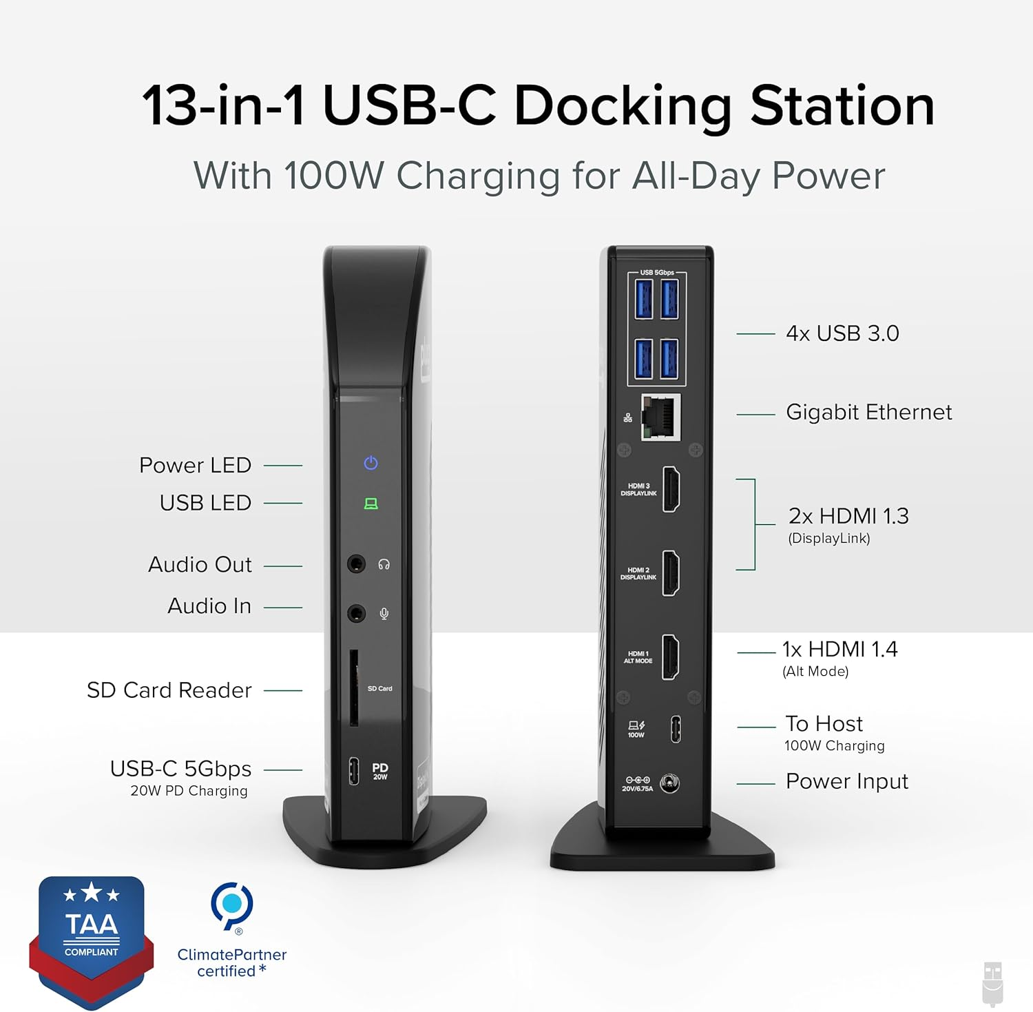 Plugable USB-C Triple Monitor Docking Station: 13-In-1 Laptop Dock with 100W Charging for Mac (Displaylink Driver Required), Windows, Chrome, 3 HDMI, Gigabit Ethernet, SD, USB-C 20W, 4 USB - UD-ULTCDL image number 4