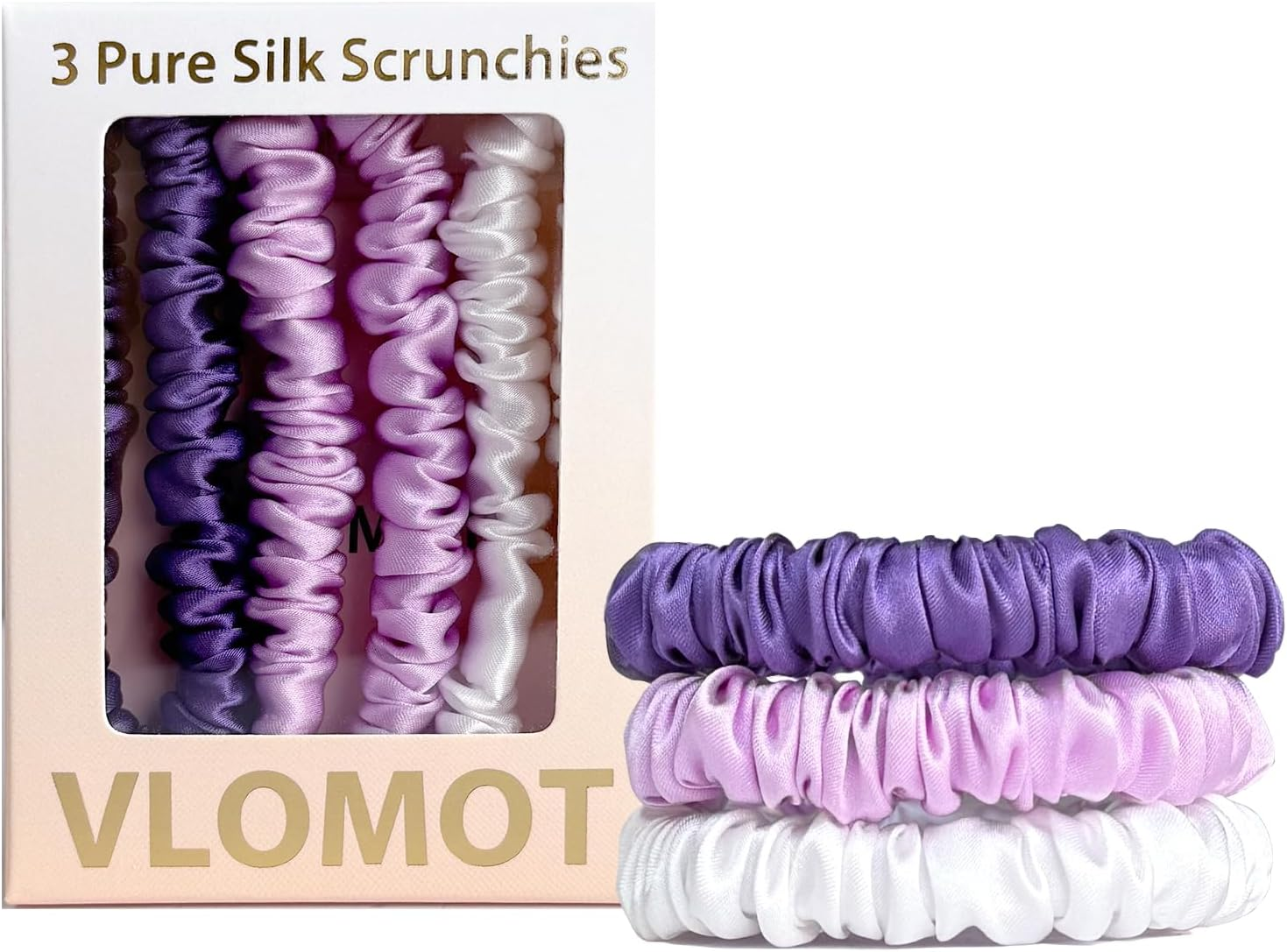 VLOMOT 3 Pcs Set 100% Pure Mulberry Silk Hair Scrunchies Hair Ties with 3 Chic Colors Everyday Skinny Scrunchies Silk Ponytail Holders Hair Care No Damage (Blue)