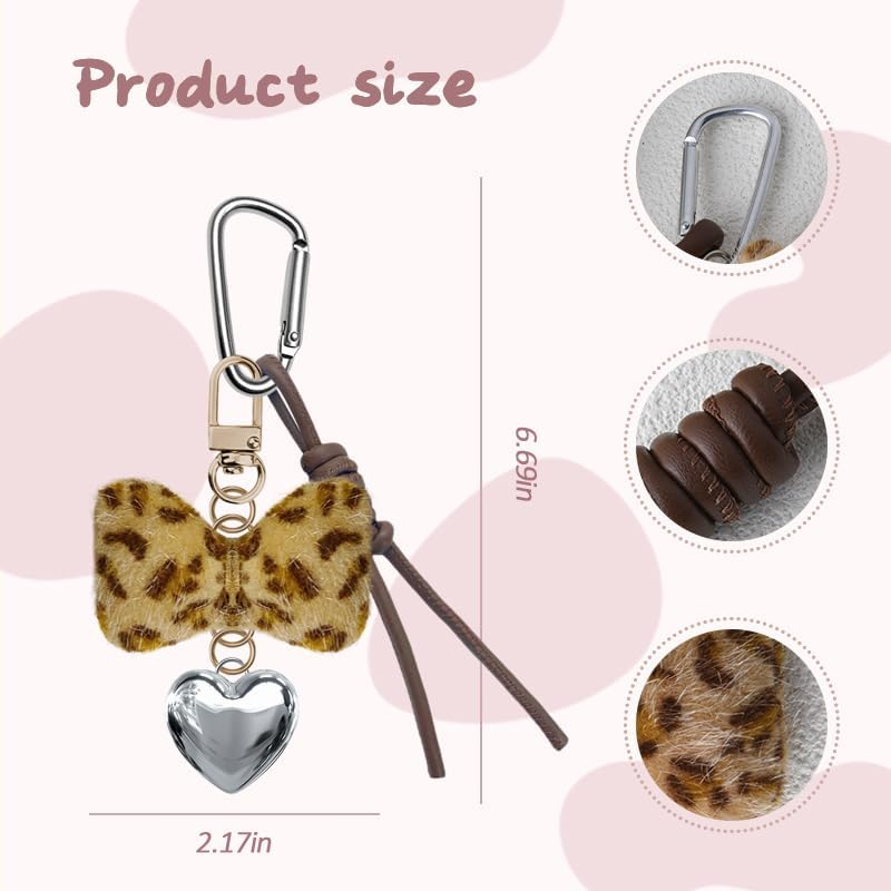 Leopard Bow Keychain Accessories Y2K Heart Bag Charms for Handbags Tote Bag Fluffy Bow Charms for Purse Leopard Print Fuzzy Charms for Girls Women Vintage Y2K Silver Heart Keychains for Car Keys image number 5