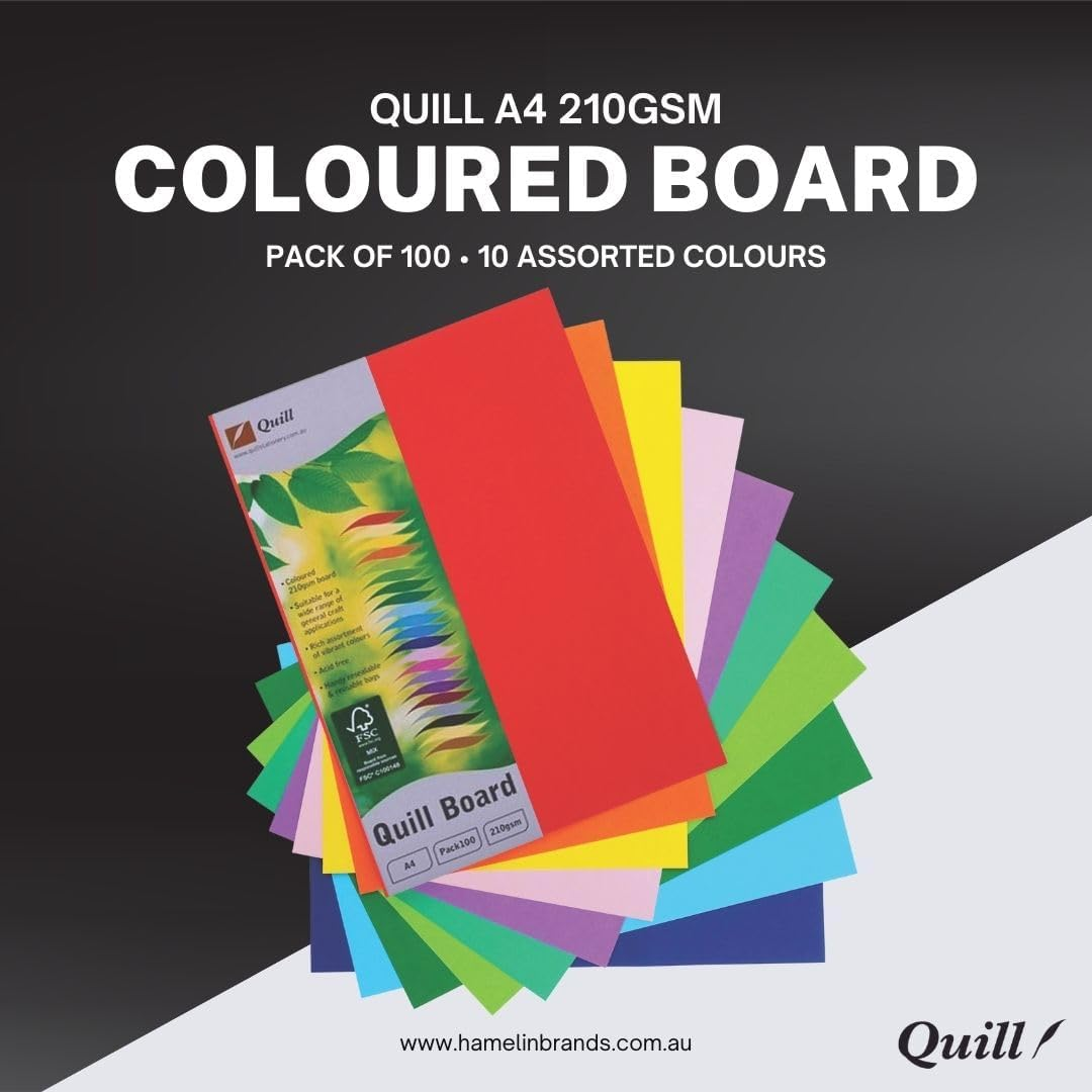 Quill A4 Coloured Board, 210Gsm, 100 Sheets, Assorted 10 Colours, Ideal for School Art and Craft Projects image number 3