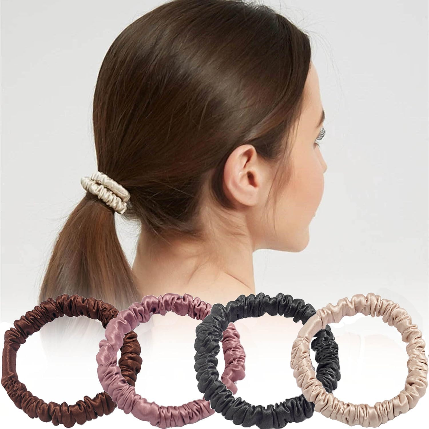 4 Pcs Silk Scrunchie, Betterjonny 100% Pure Mulberry Silk Hair Ties Hair Bands Silk Hair Ties No Damage Skinny Scrunchies for Women,Girls,Everyday Hair Ties