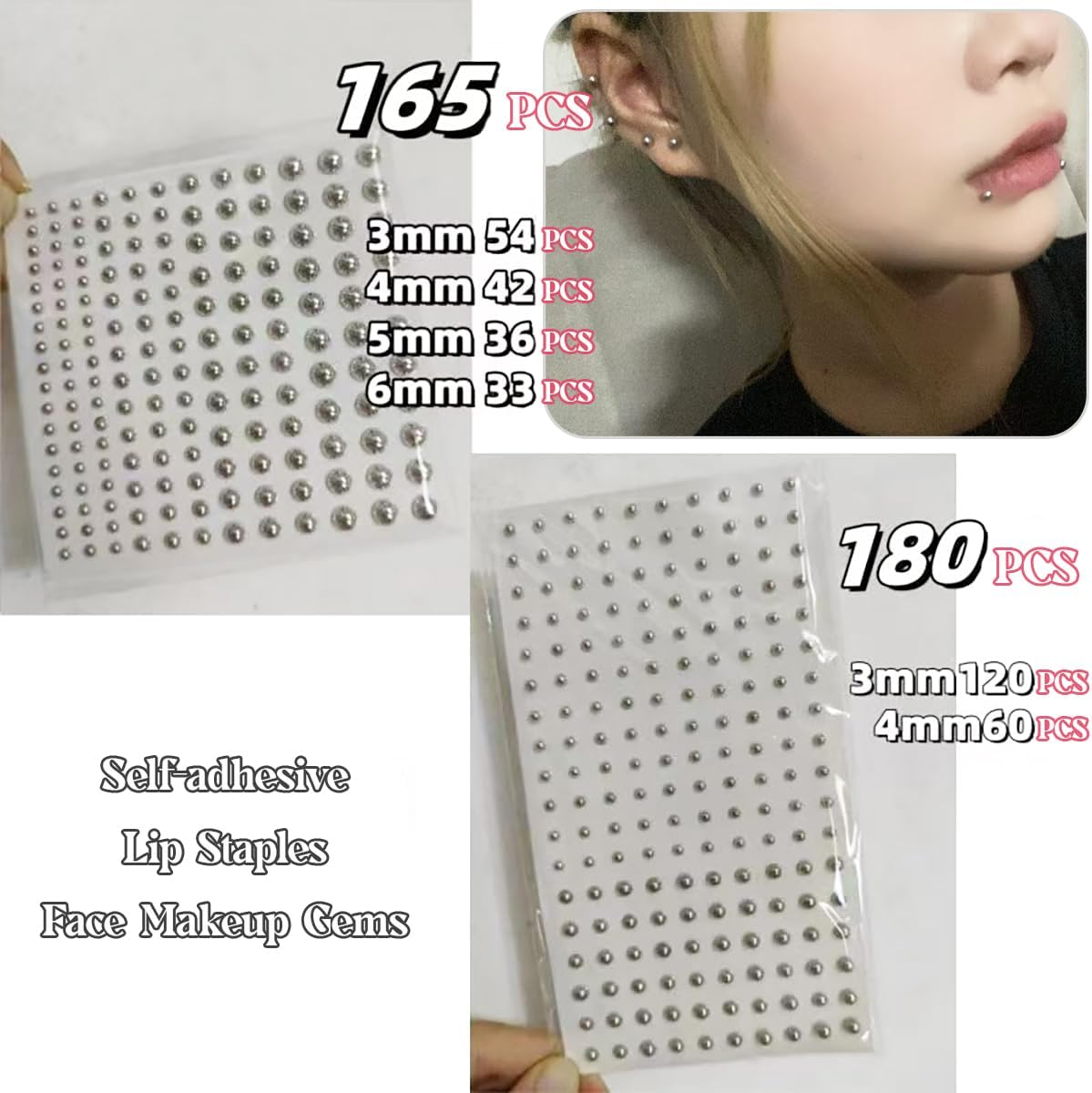 HONGCAUP 2 Sheets Fake Lip Nail Fake Nose Nail Fake Lip Ring Fake Lip Piercing Fake Piercing Ball Fake Belly Button Nail, Self-Adhesive Fake Lip Piercing Gemstone Stickers Silver, Plastic, No Gemstone image number 6