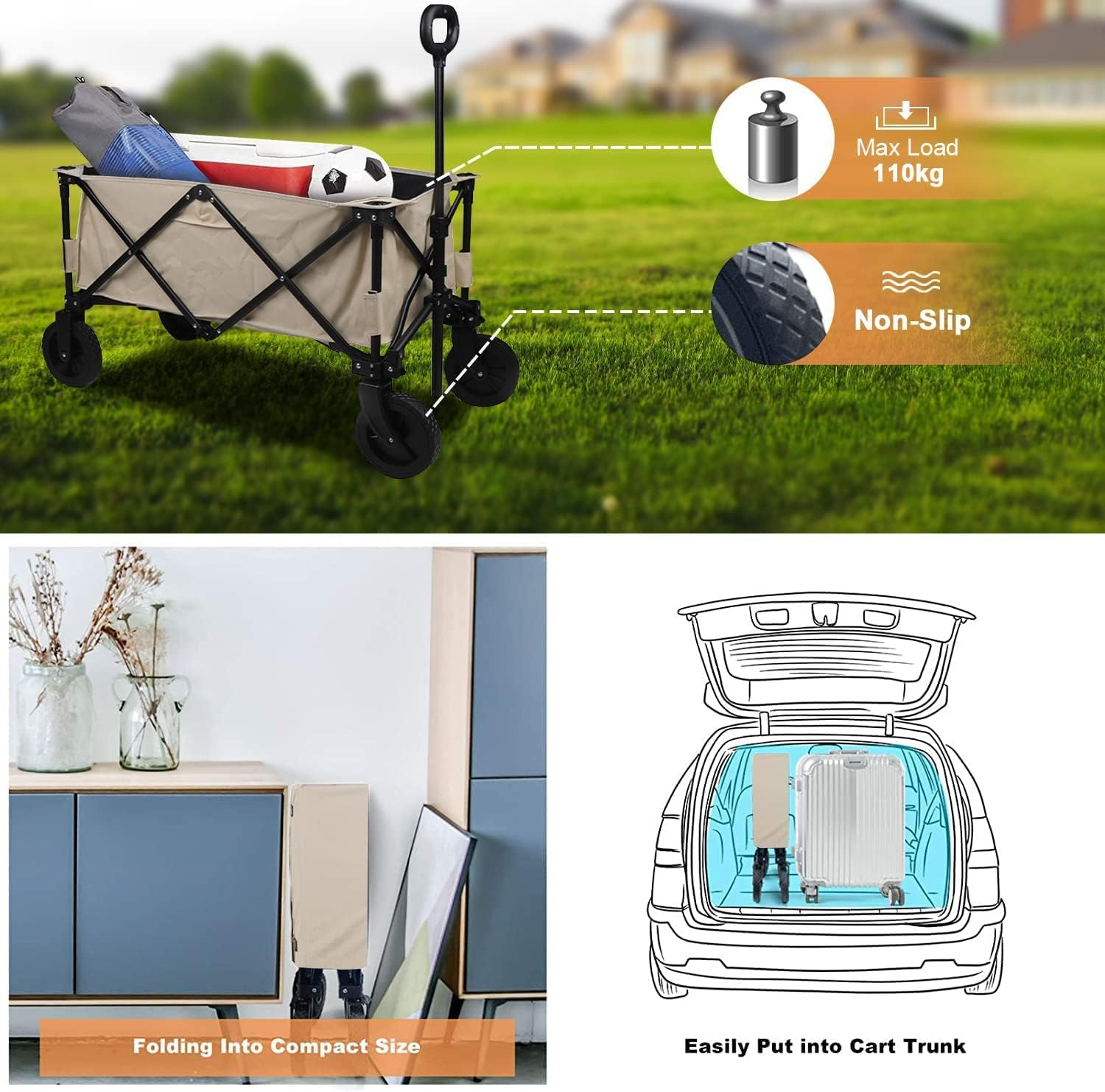 CULOTOL Collapsible Wagon with Large Capacity 160KG, Utility Wagons Carts Heavy Duty Foldable, Portable Folding Wagon with All-Terrain Wheels,Handle, Garden Cart for Beach, Sports, Shopping, Camping image number 6