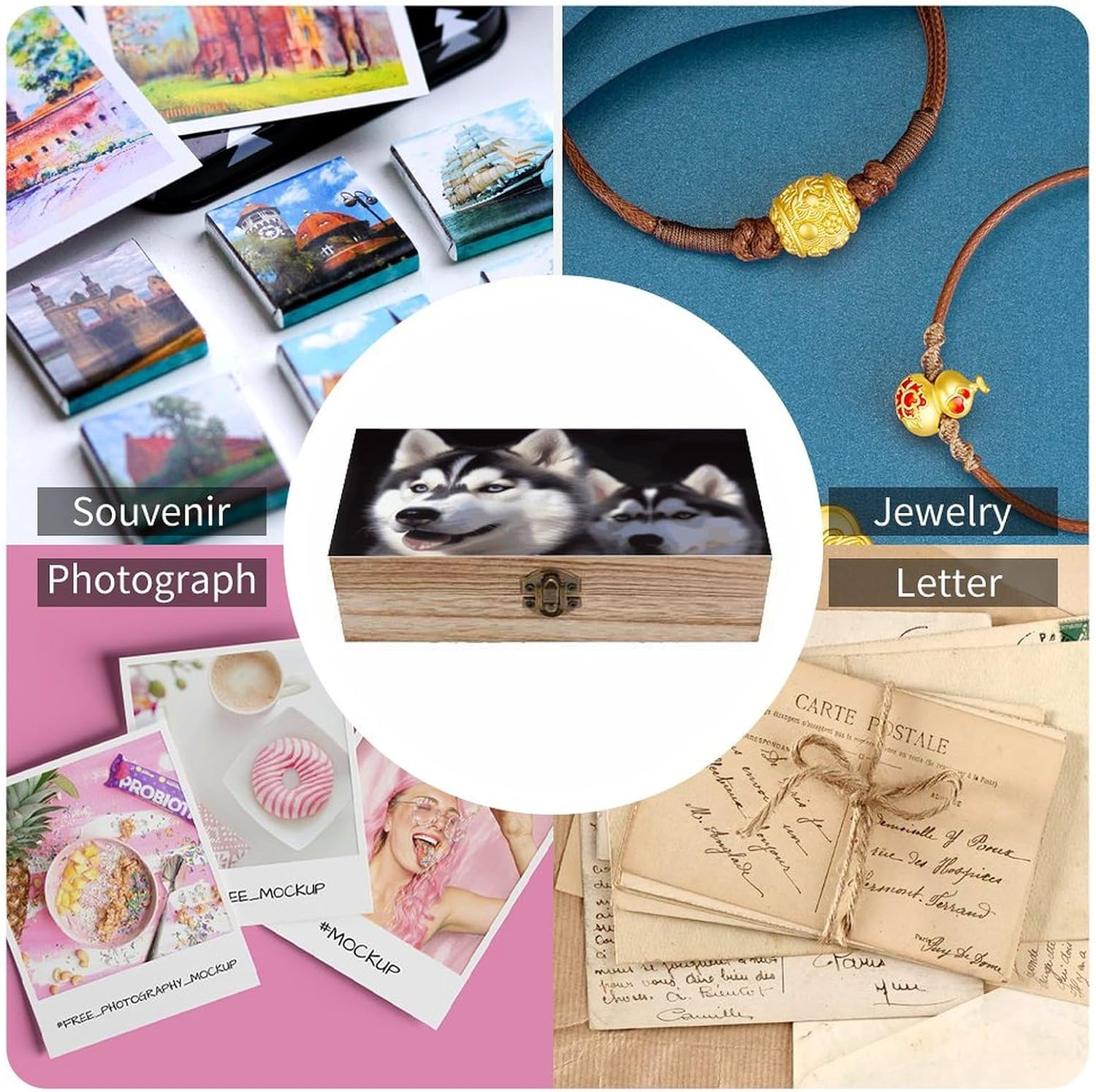 Husky Dog Wooden Box Wood Wedding Keepsake Boxes with Lids Small Decorative Boxes Lightweight Wooden Memory Storage Box for Crafts Keepsakes Jewelry Photo Letter Storage image number 5