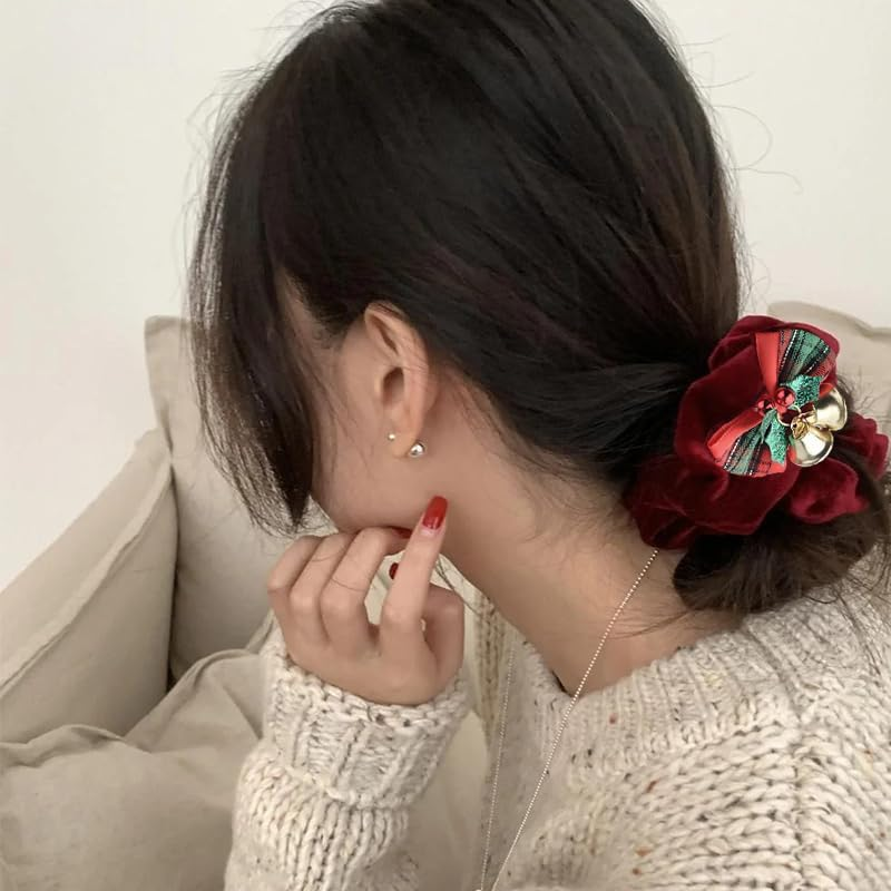 Xmas Christmas Hair Scrunchies for Women Holiday Christmas Hair Ties Christmas Hair Bands Accessories for Women'S Hair Red Green Hair Scrunchie Bell Christmas Ponytail Holder Bow Tip Hair Ties 2Pcs