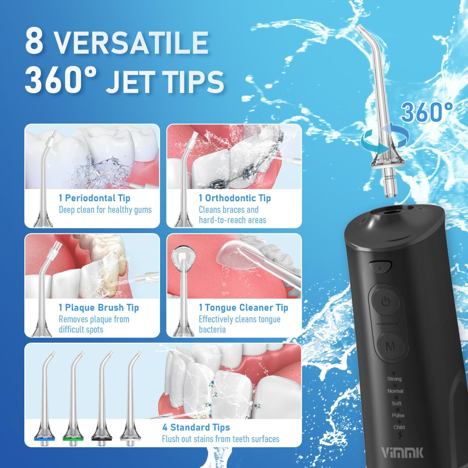 Water Flosser, Vimmk Cordless Oral Irrigator for Teeth, Gum, Braces Deep Cleaning, 8 Tips, 5 Modes, 300ML Rechargeable Water Dental Flosser, IPX7 Waterproof, Portable Design for Home Travel (Black) image number 6