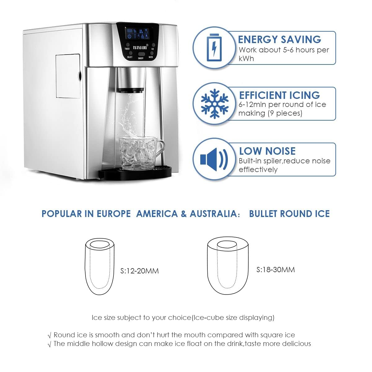 Maxkon Portable Ice Maker Countertop - 12Kg Ice in 24 Hrs, Cube Ready in 6-12 Mins, 3L Machine with Scoop, 2 Sizes of Bullet Ice, Water Dispenser for Home Commercial Fast Freezer - 12Kg image number 2