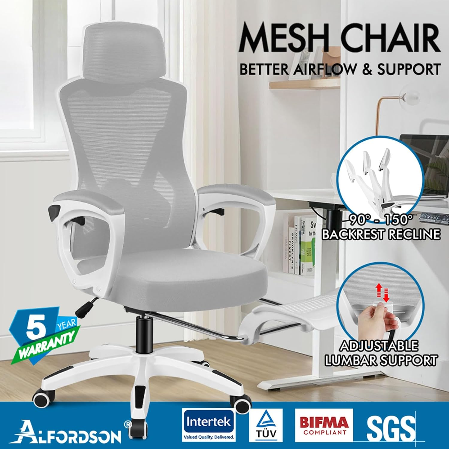 ALFORDSON Ergonomic Mesh Office Chair with Headrest and Footrest, Executive Computer Office Chair with SGS Listed Gas-Lift, Desk Task Gaming Study Student Chair for Max 180Kg, Nova White Grey - White Grey image number 2
