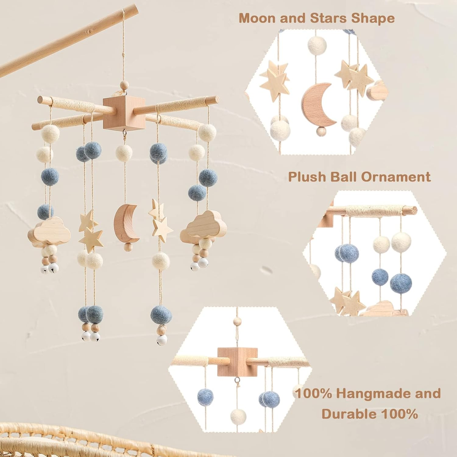 Promise Babe Clouds Wooden Baby Mobile - Blue Moon Design for Girl'S Bed - Fixed Floor Stand image number 2