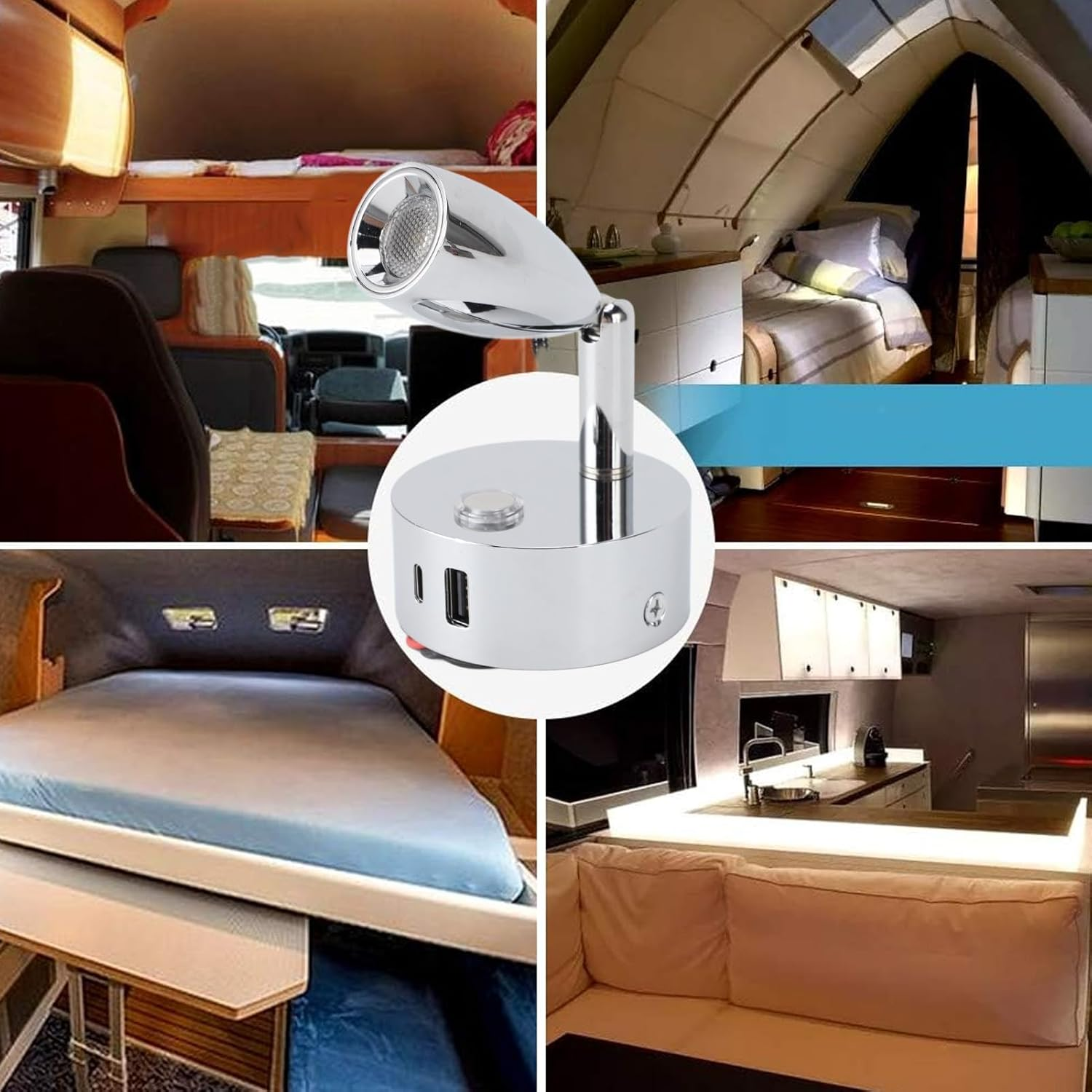 12V Campervan Lights - USB Port Matte RV Reading Lamp with 3-Color Temperature & Dimmable Touch Switch, 12V LED Spot Lights for Wall Sconce (Cr Plated) - Black Plated image number 6