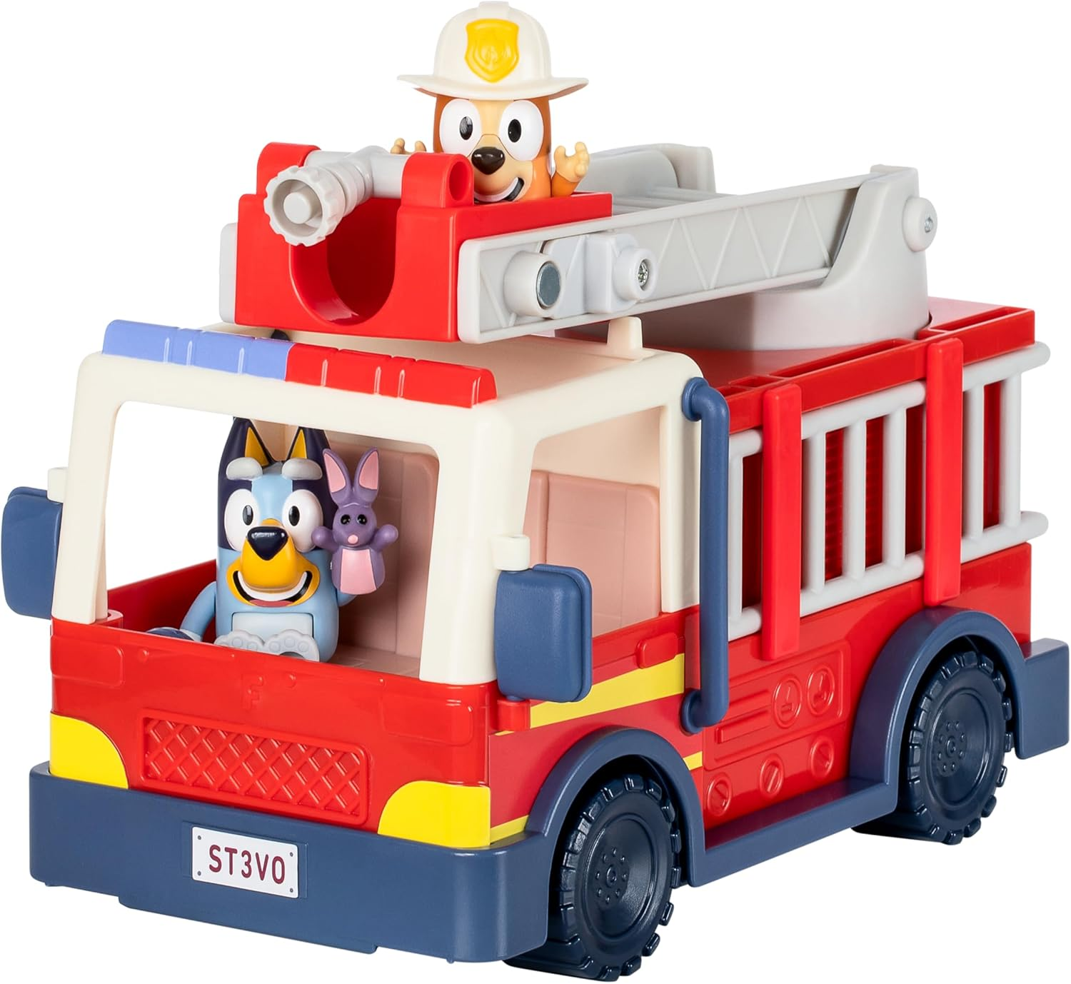 BLUEY Firetruck Firetruck, Exclusive Firefighter Bingo and Bob Bilby Figures Raise the Ladder, Spin It around and Roll Out the Hose Includes Sticker Sheet image number 6